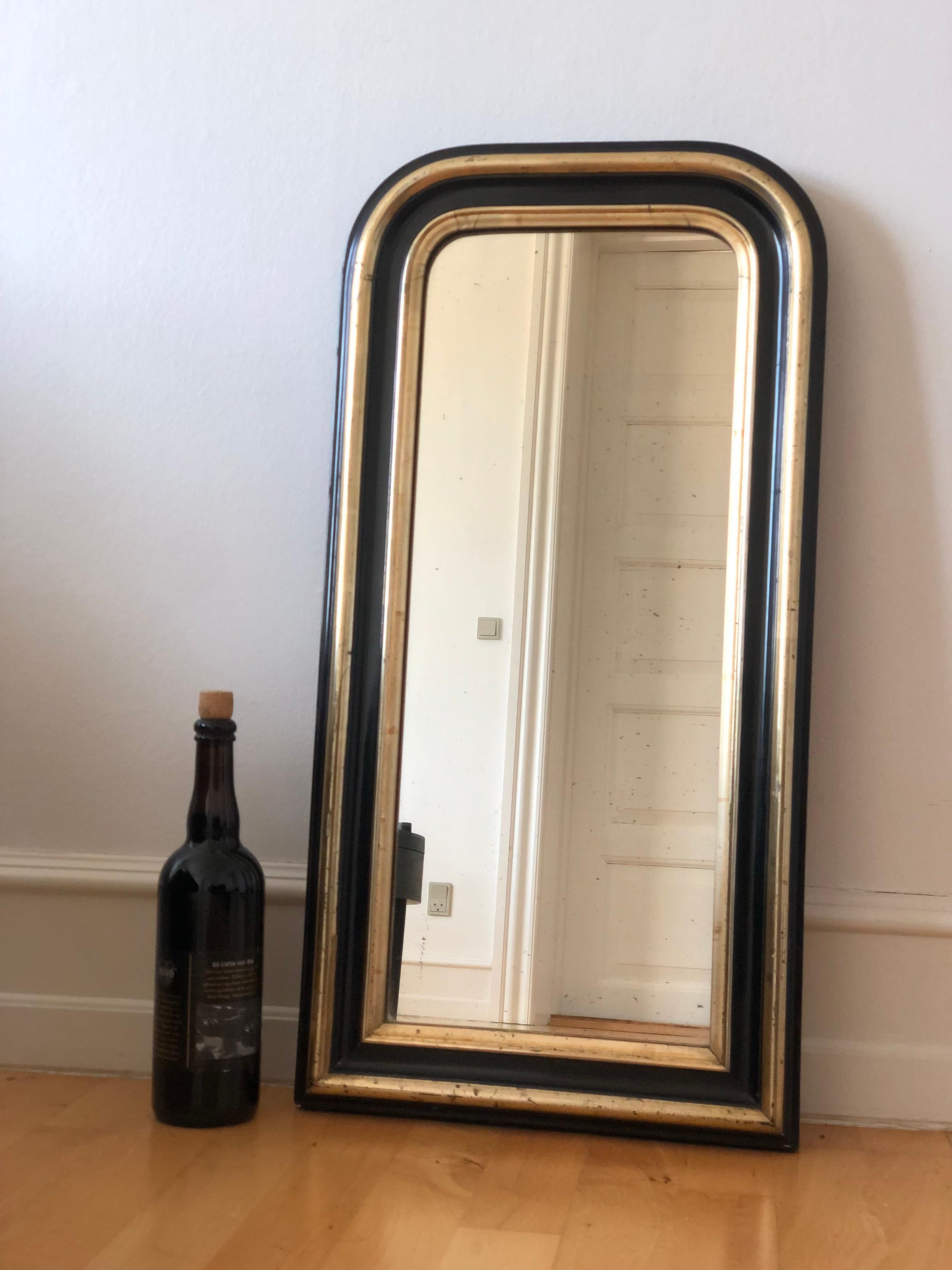 Gilt Antique Louis Philippe Smal Full Length Mirror In Black and Gold France Late 19t