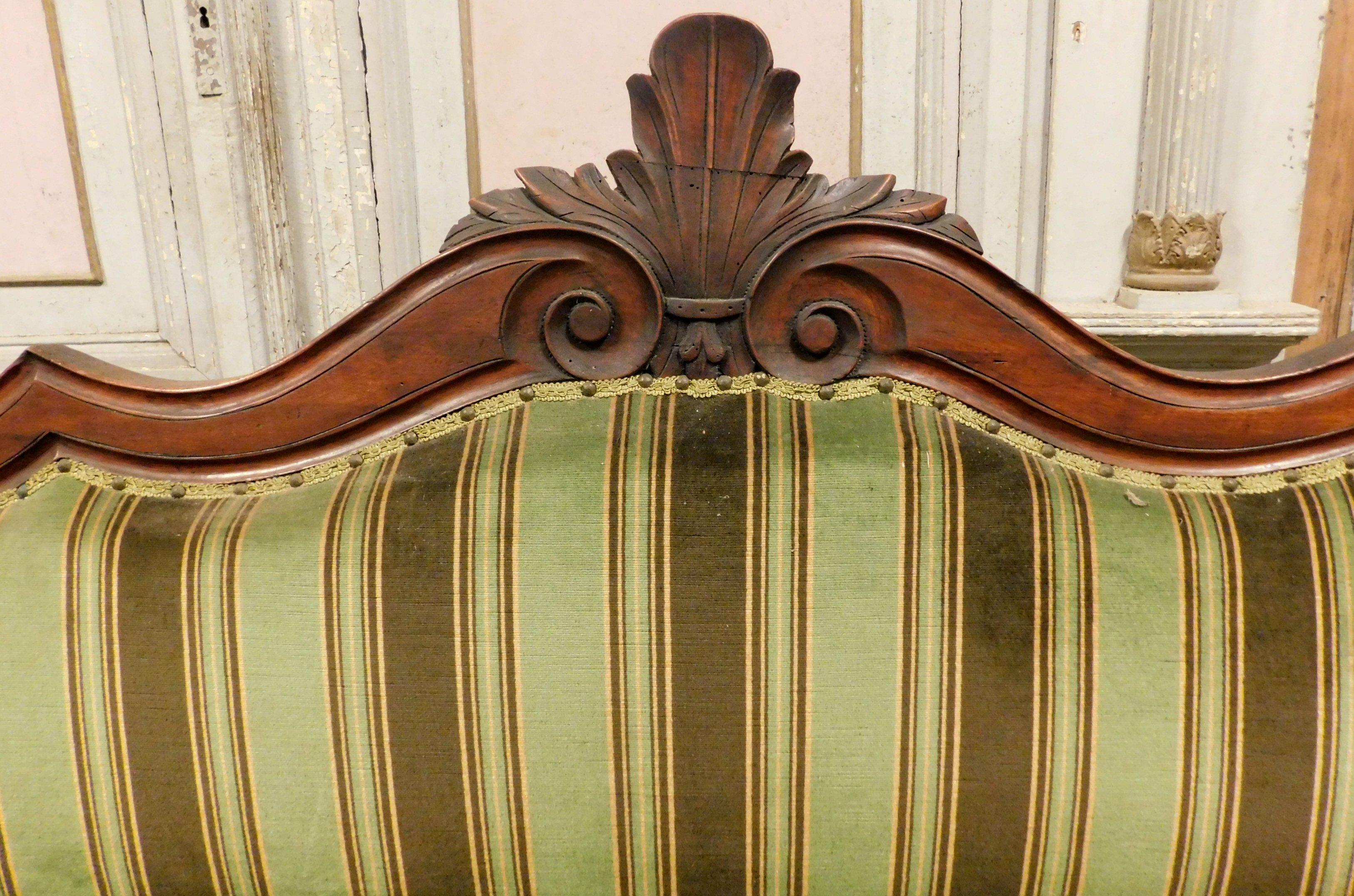 Italian Antique Louis Philippe Sofa in Inlay Walnut and Green Fabric, 19th Century Italy For Sale