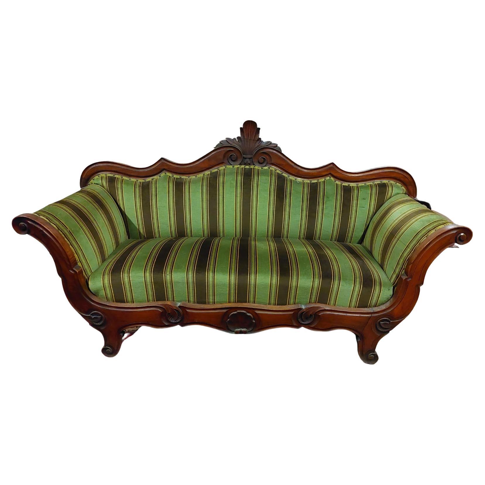Antique Louis Philippe Sofa in Inlay Walnut and Green Fabric, 19th Century Italy