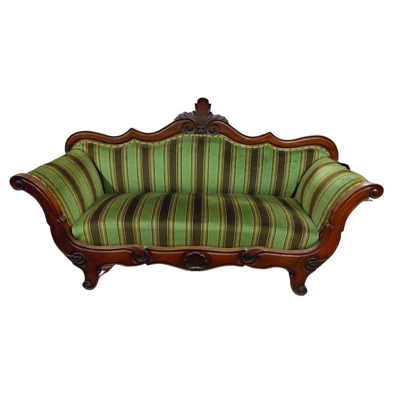 Antique Louis Philippe Sofa in Inlay Walnut and Green Fabric, 19th Century  Italy For Sale at 1stDibs