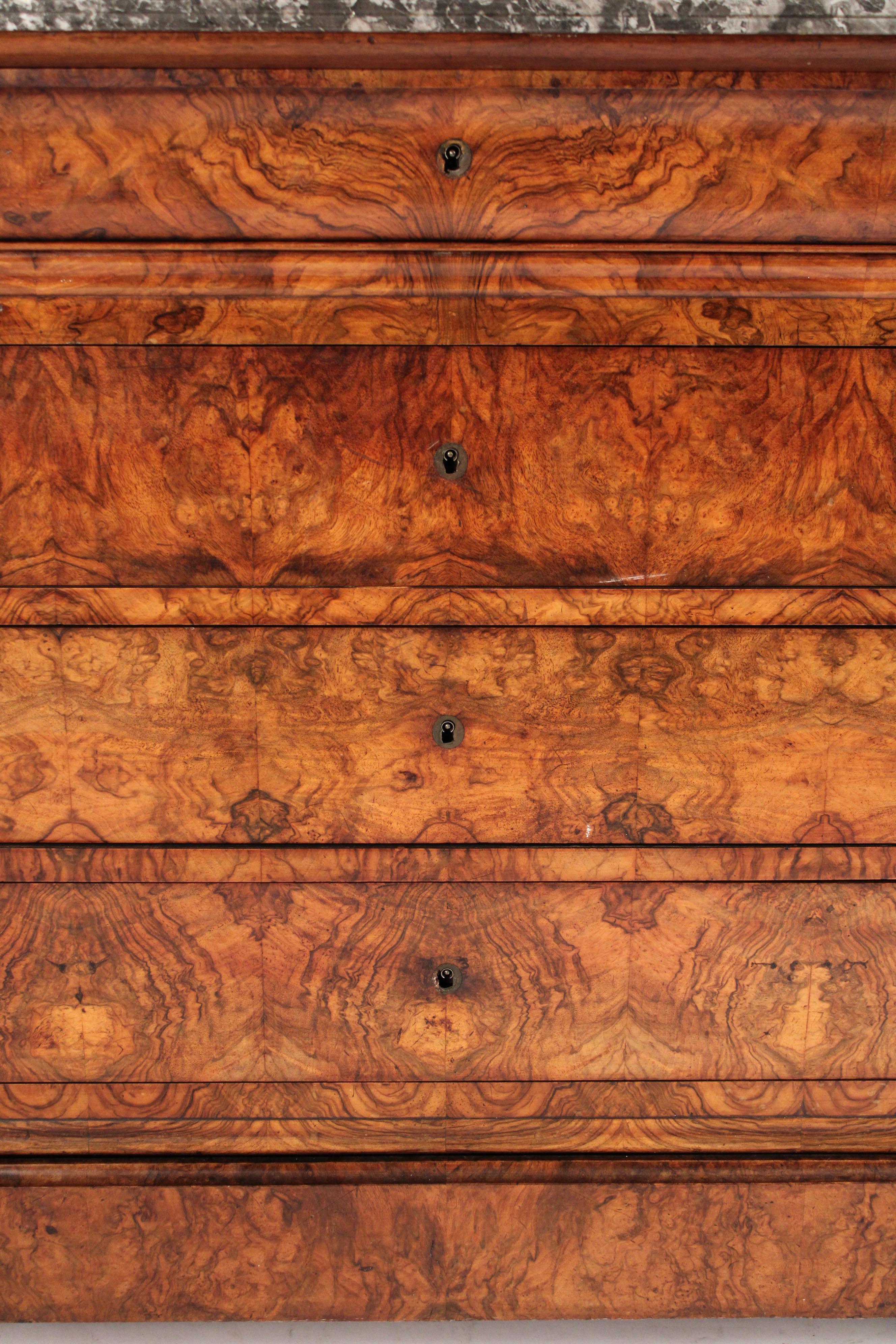 Marble Antique Louis Philippe Style Burl Walnut Chest of Drawers
