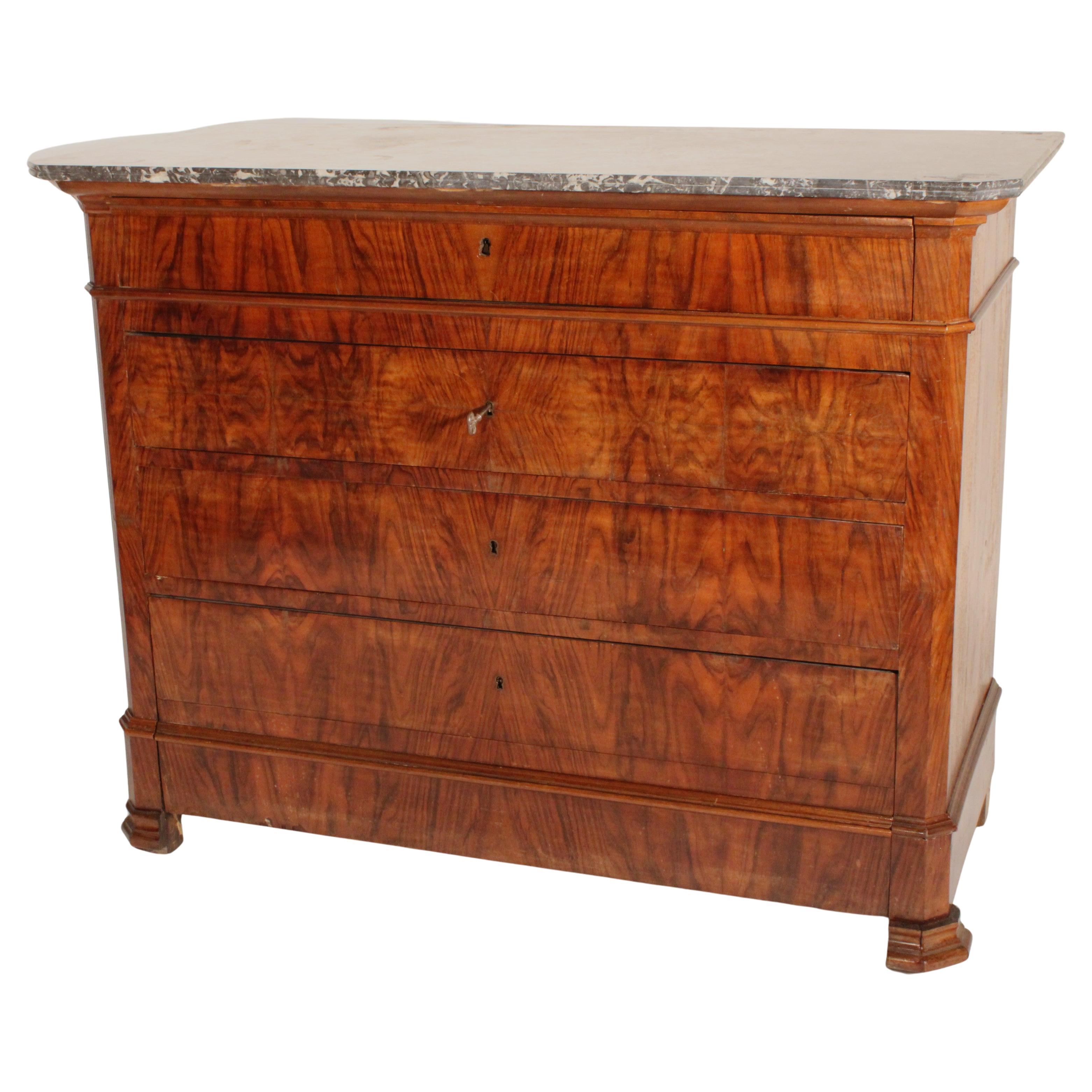 Antique Louis Philippe Style Burl Walnut Chest of Drawers with Marble Top For Sale