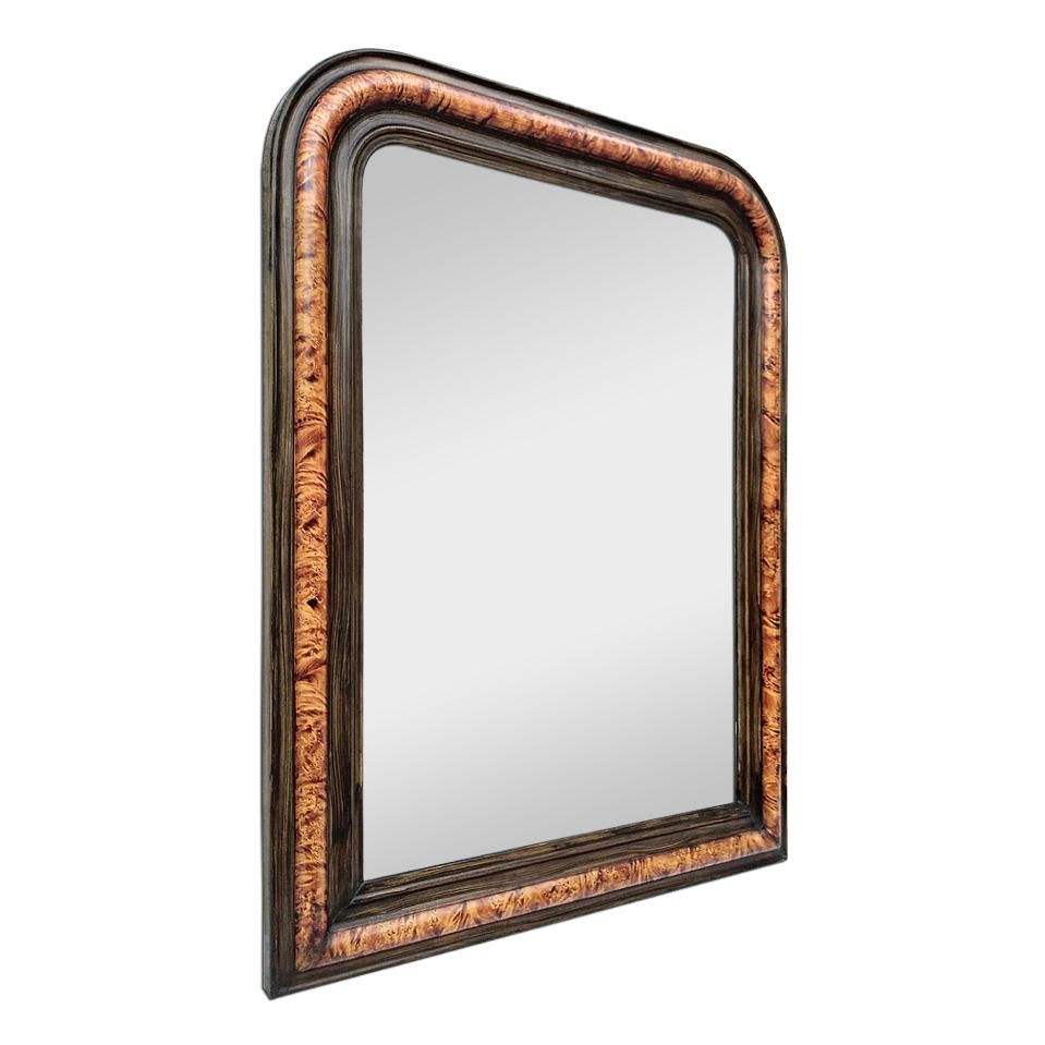 Antique French mirror, Louis Philippe style, circa 1880. Hand painted antique frame, faux burl wood and faux ebony wood (frame width: 9.5 cm / 3.74 in.) Modern glass mirror.