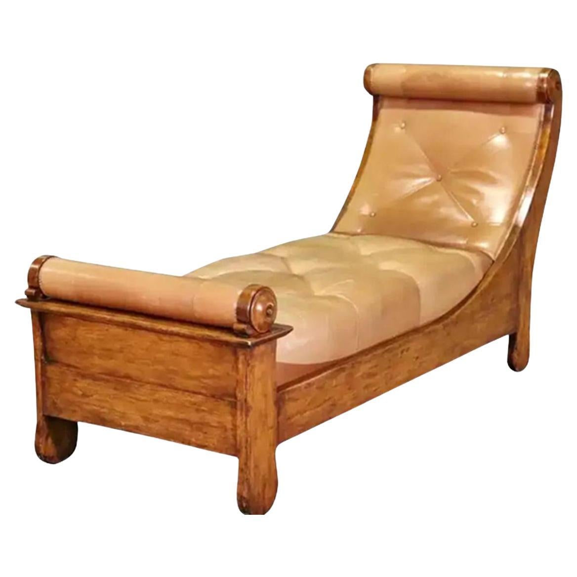 Antique Louis Philippe Style Tufted Leather Chaise Lounge