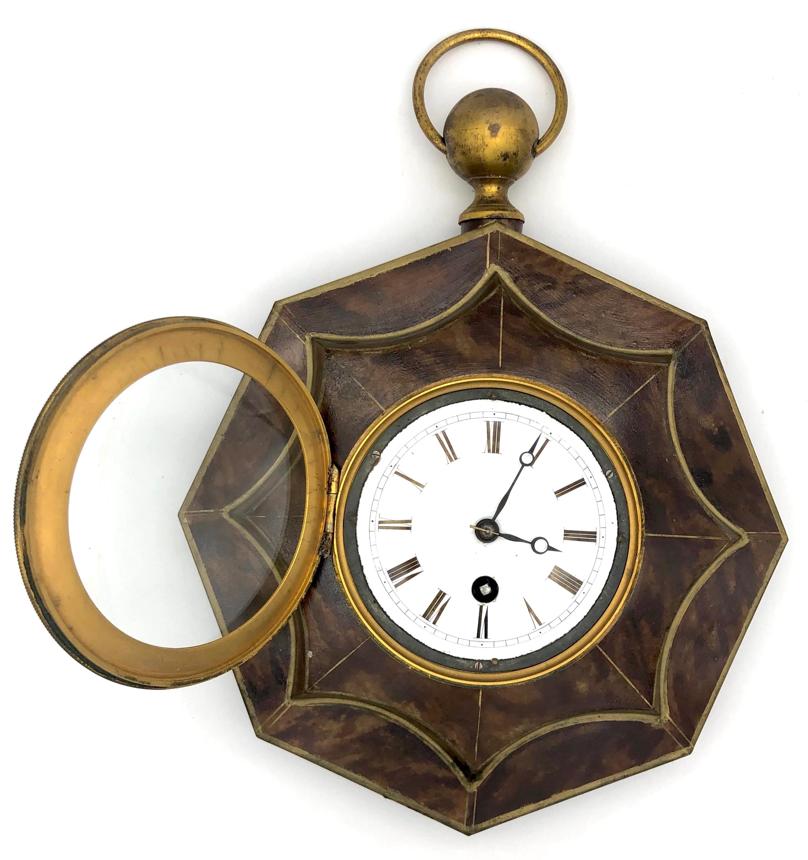 Enameled Antique Louis Philippe Wall Clock 8 Day Movement Tôle Enamel Bronze For Sale