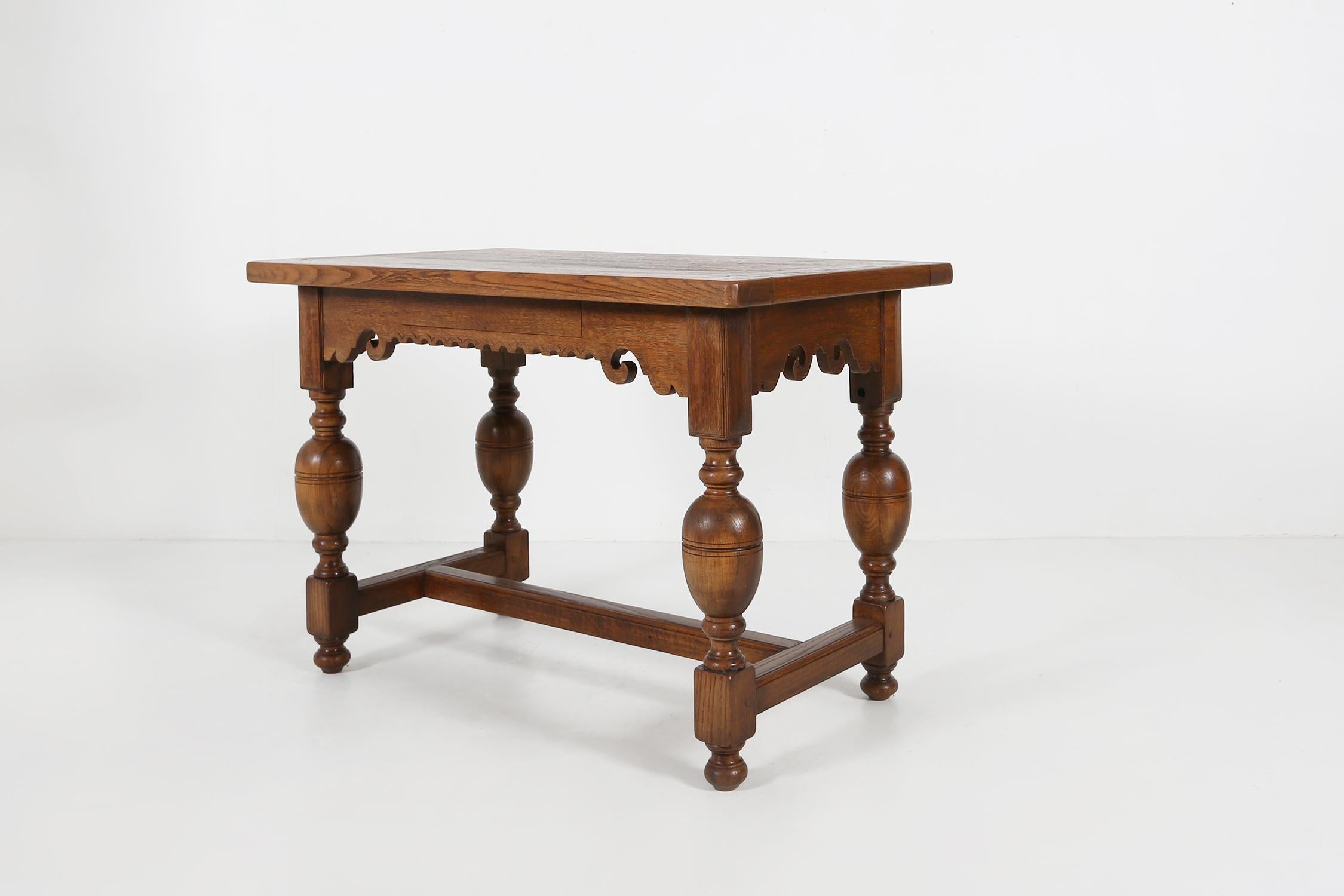 Antique solid oak Louis Philippe writing desk or can also be used as a side table. Has some great legs and a drawer in the middle of the table.
   