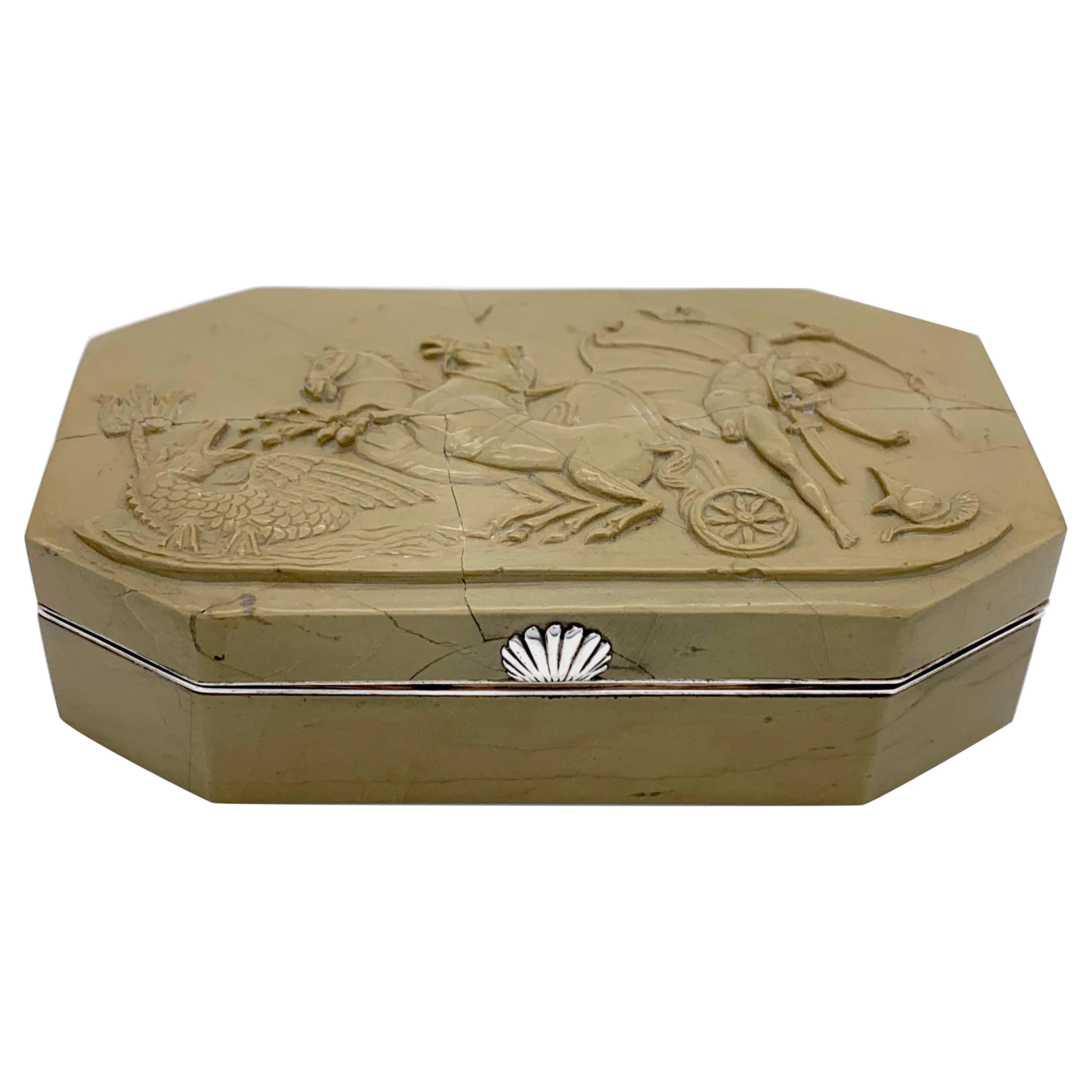 Antique Louis-Phillipe I, Mythology Scene Chariot Snuff Box Soapstone Silver For Sale