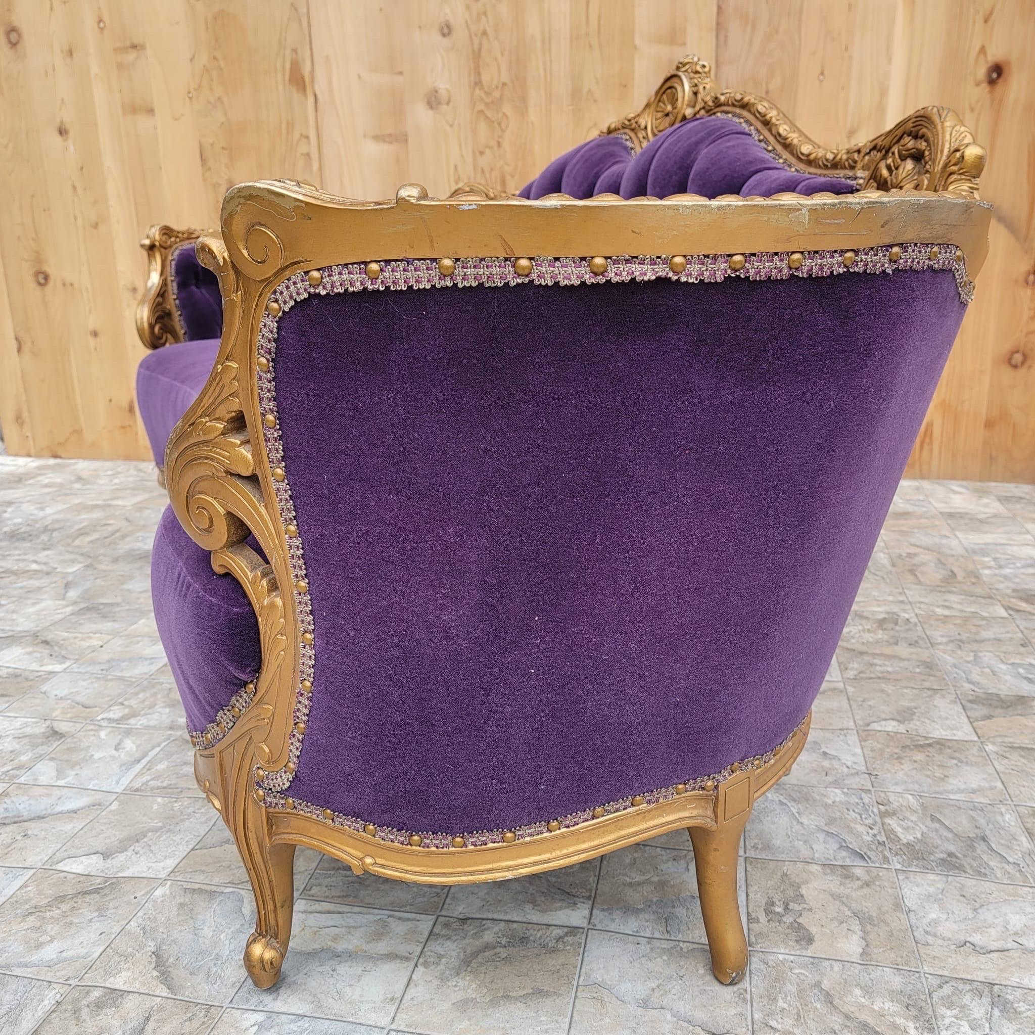 Antique Louis Style Carved Ornate Parlor Set Newly Upholstered in a High End Purple Mohair - 2 Piece Set 

This beautiful set includes a settee and armchair in a beautiful purple Mohair. 

Circa 19th Century

Settee

H 40