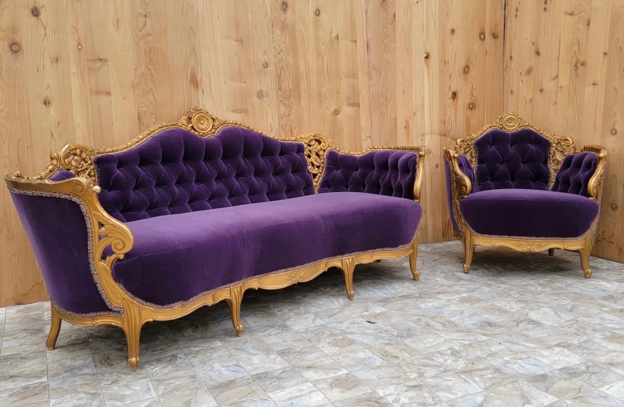 Louis XIV Antique Louis Style Carved Ornate Parlor Set Newly Upholstered - 2 piece set For Sale