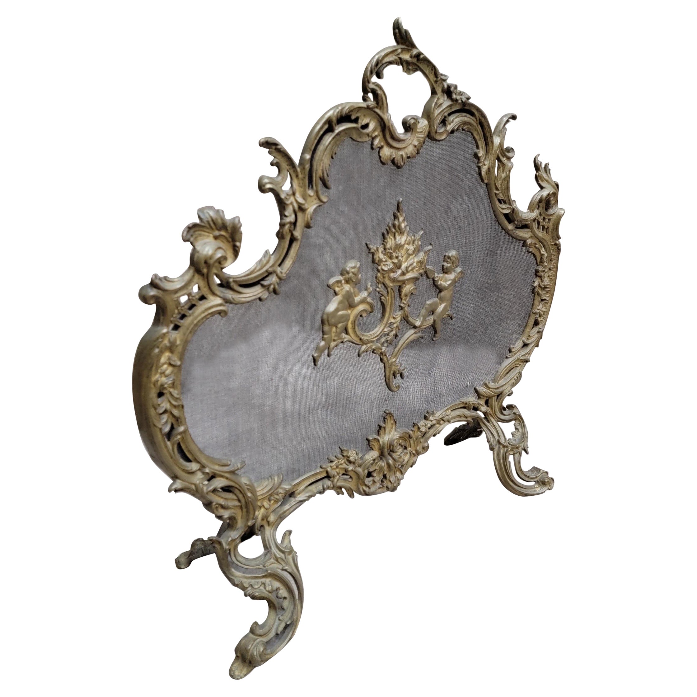 Antique Louis Style French Brass Cherub And Floral Free Standing Fire Screen