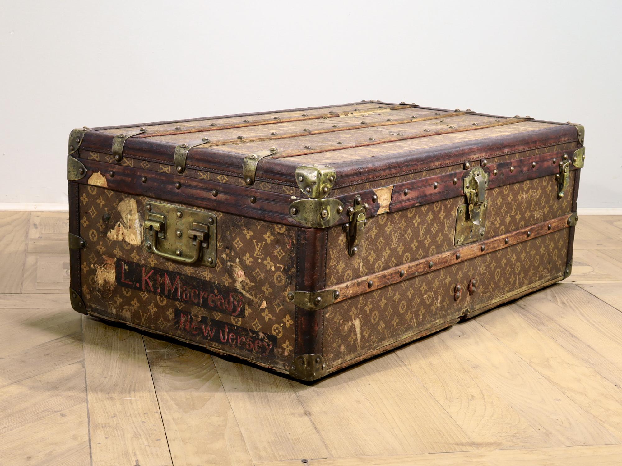 French Antique Louis Vuitton Early 20th Century Stenciled Monogram Steamer Cabin Trunk