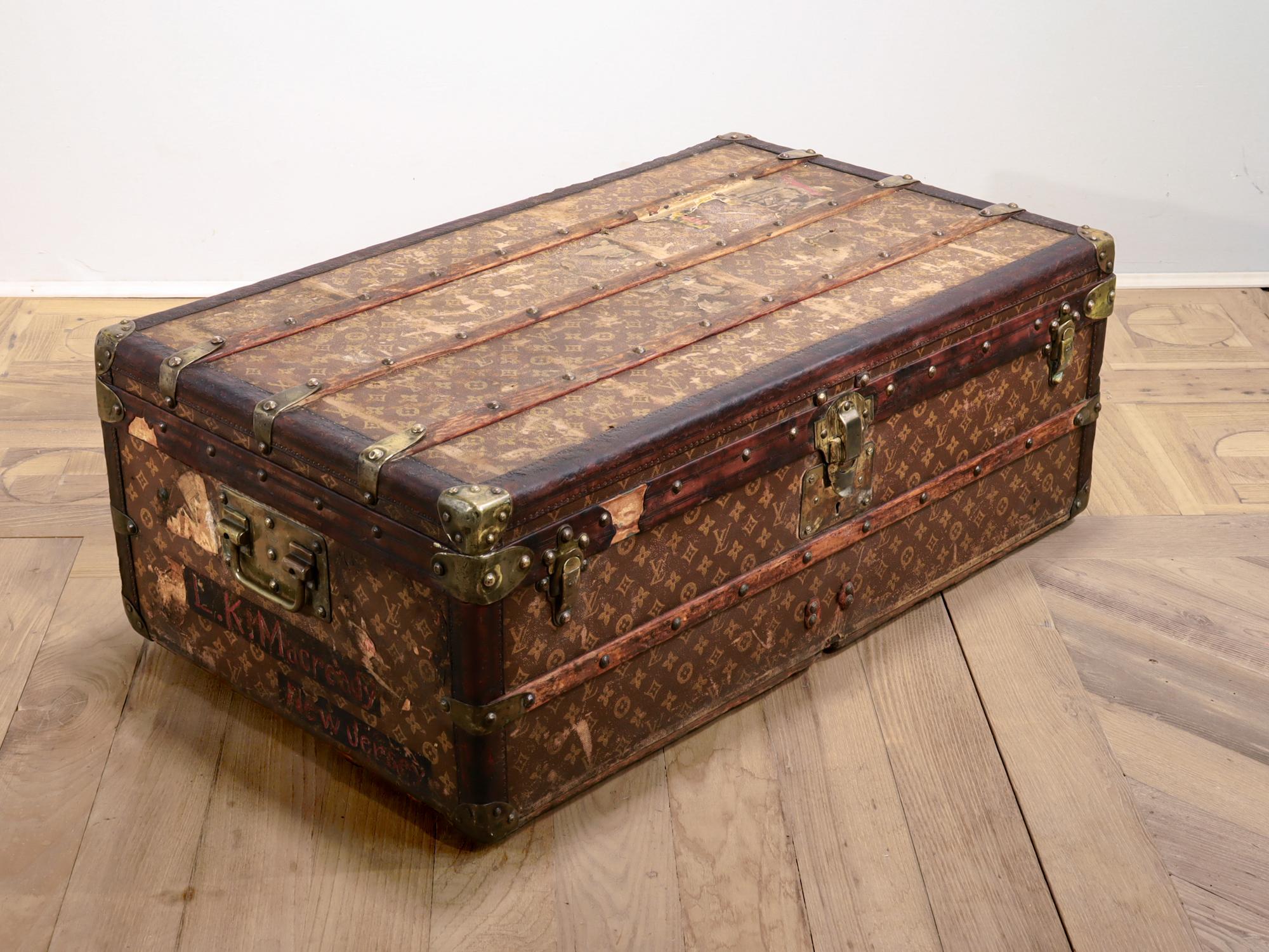 Antique Louis Vuitton Early 20th Century Stenciled Monogram Steamer Cabin Trunk In Distressed Condition In Philadelphia, PA