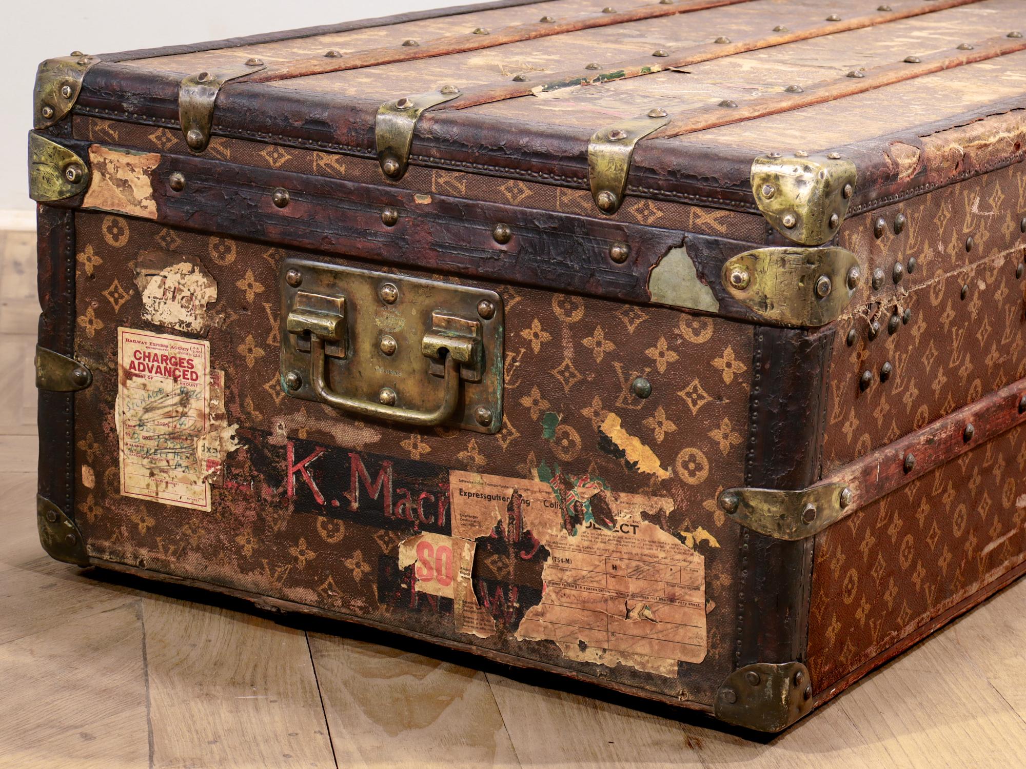 Brass Antique Louis Vuitton Early 20th Century Stenciled Monogram Steamer Cabin Trunk