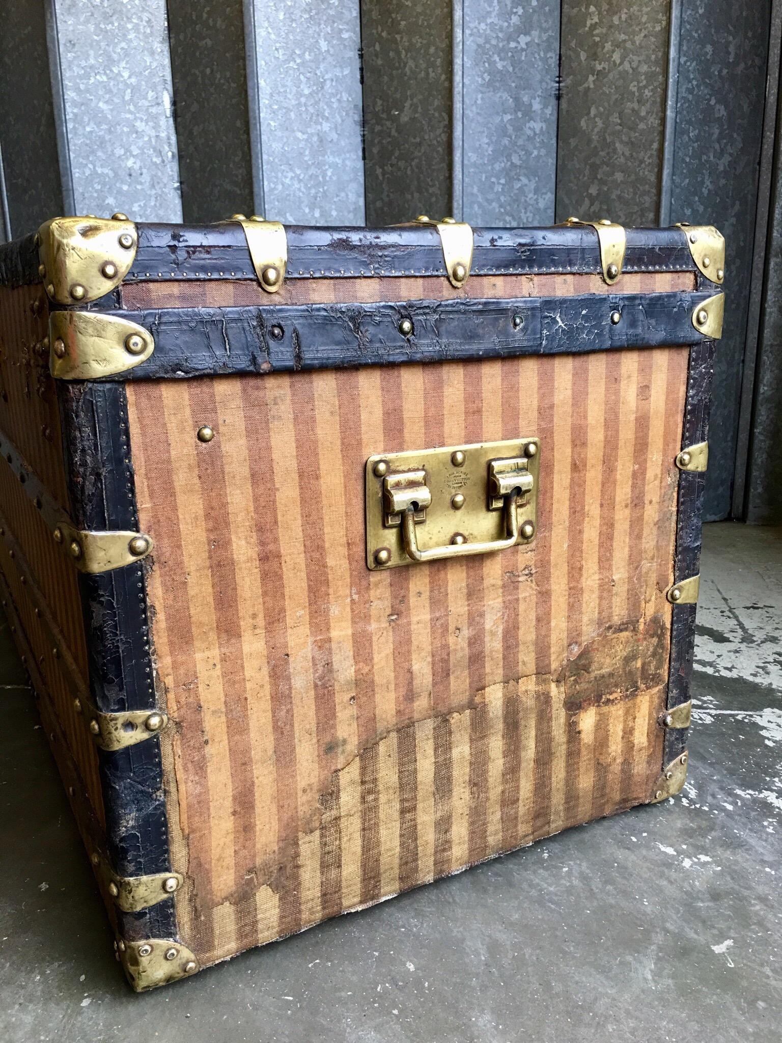 French Antique Louis Vuitton Rayee striped steamer trunk 1887