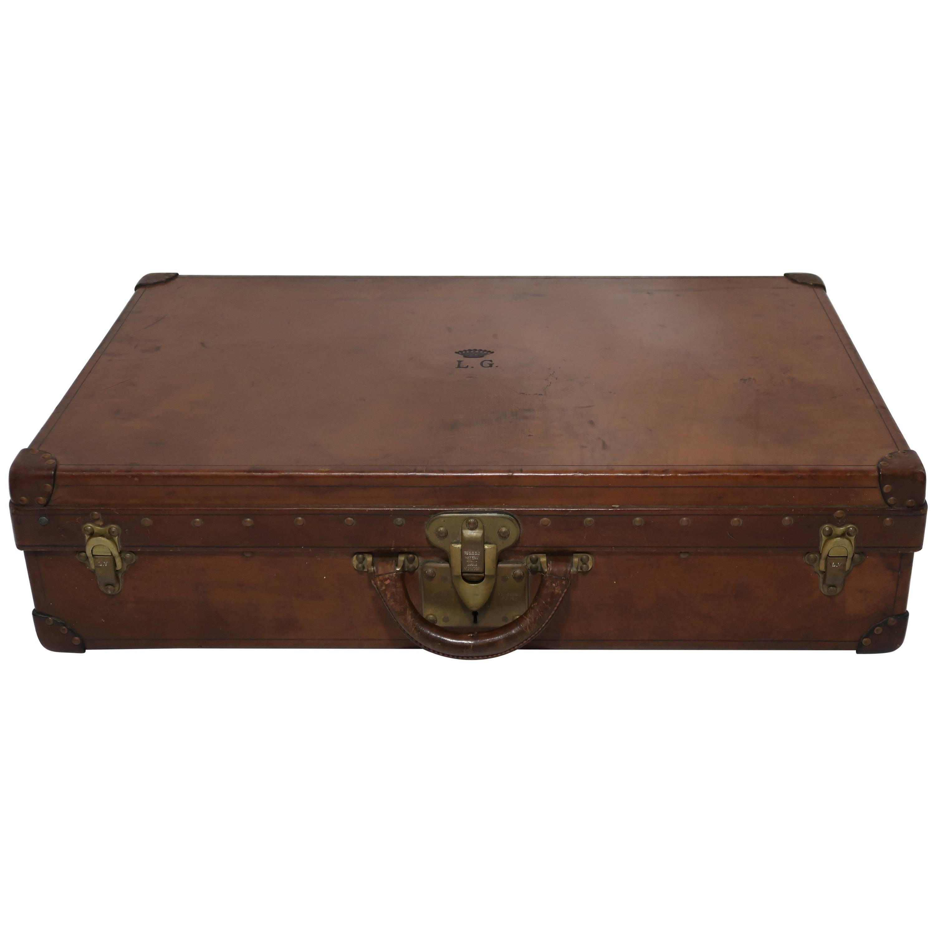 Antique Louis Vuitton Royal Leather Case Trunk with Original Cover and Crown For Sale
