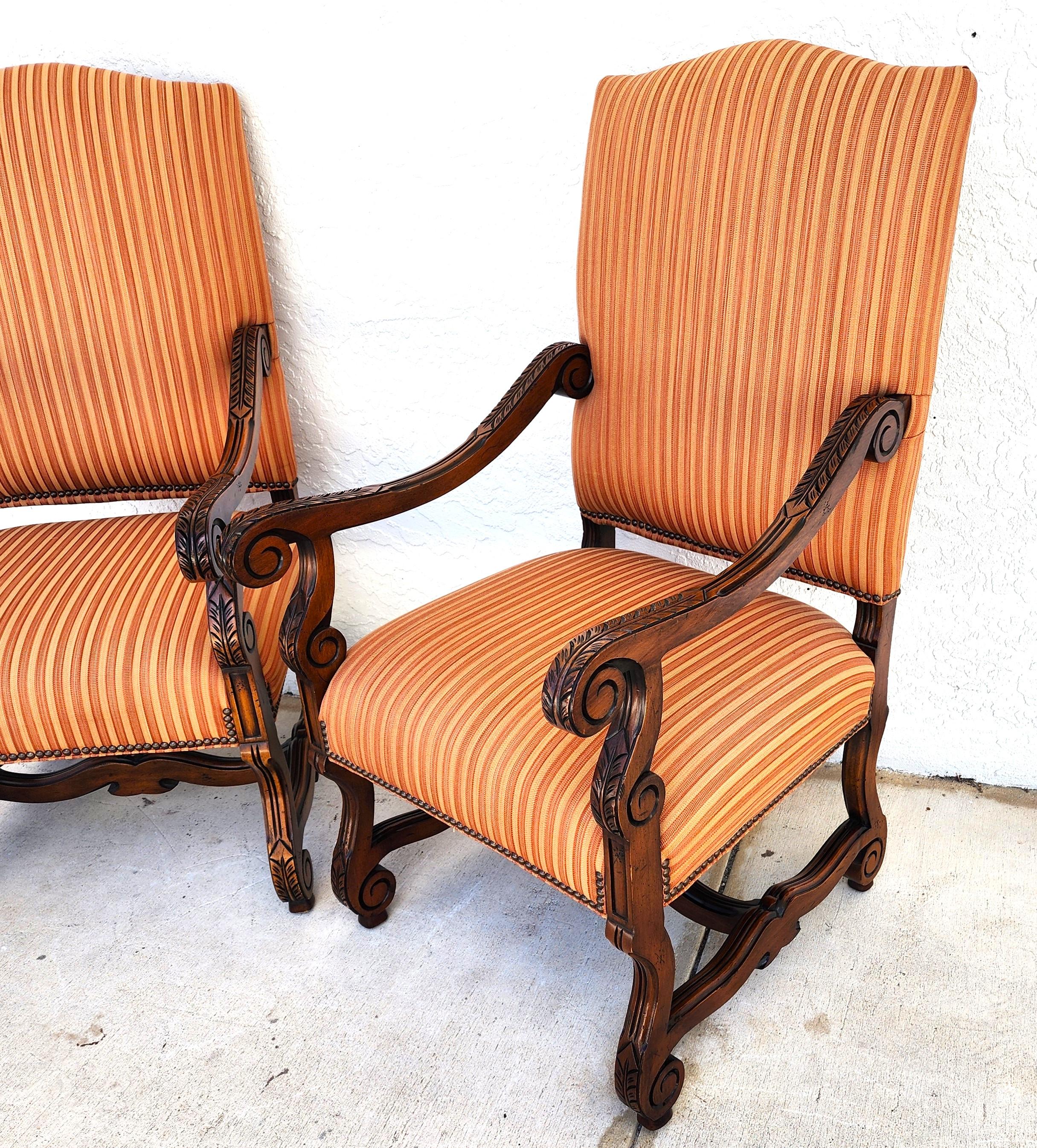 Carved CENTURY FURNITURE Louis XIII French Os de Mouton Armchairs a Pair For Sale
