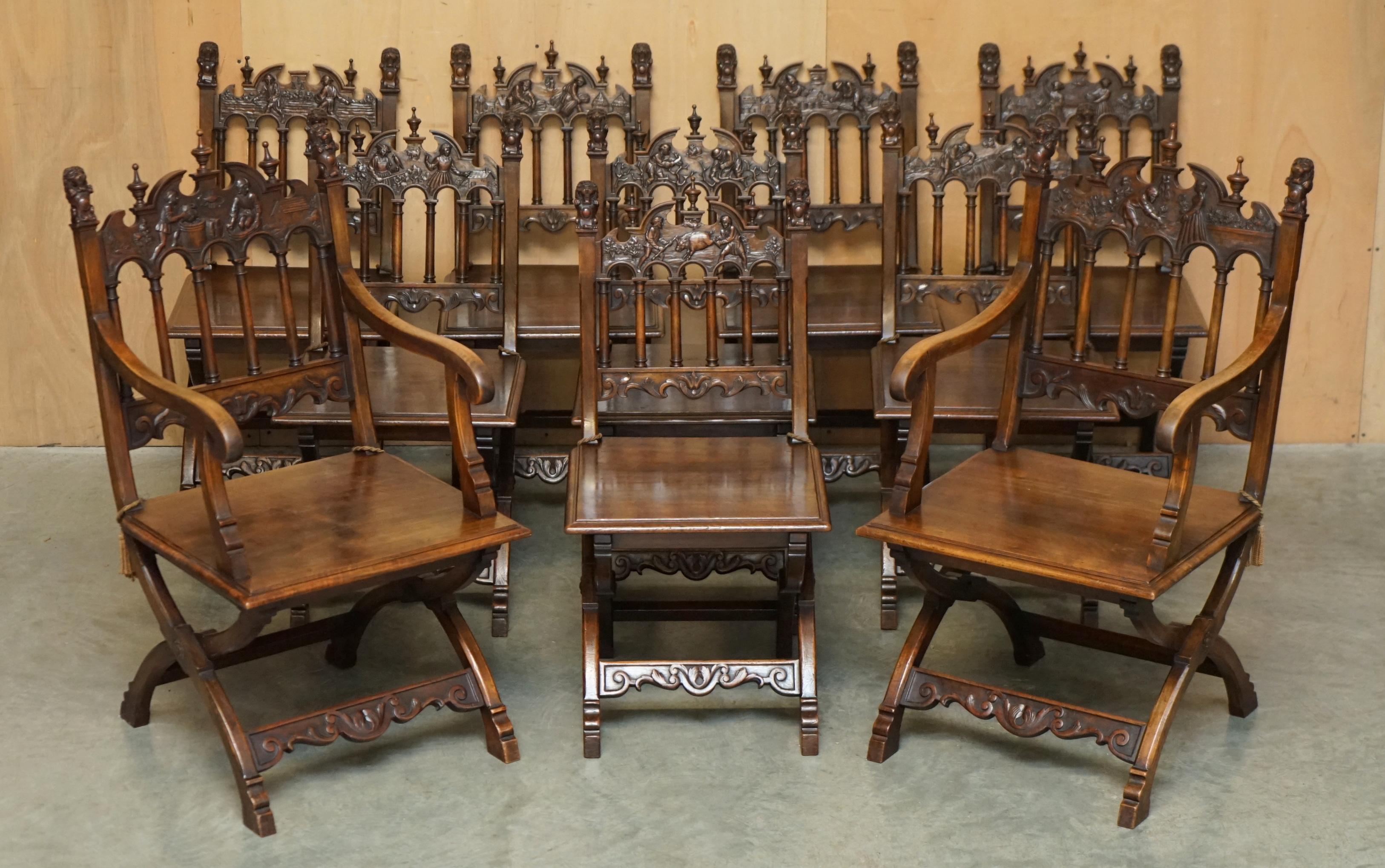 ANTIQUE LOUIS XIII REVIVAL 10 PERSONNES SUITE DE TABLE ET CHAISE EN NOYER ET MARBRE en vente 5