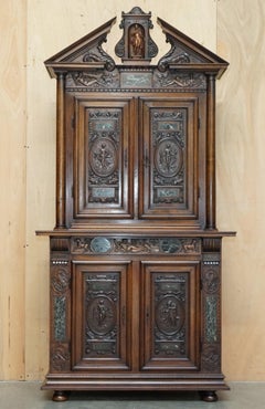 ANTIQUE LOUIS XIII REVIVAL WALNUT & MARBLE HEAViLY CARVED CABINET POT CUPBOARD
