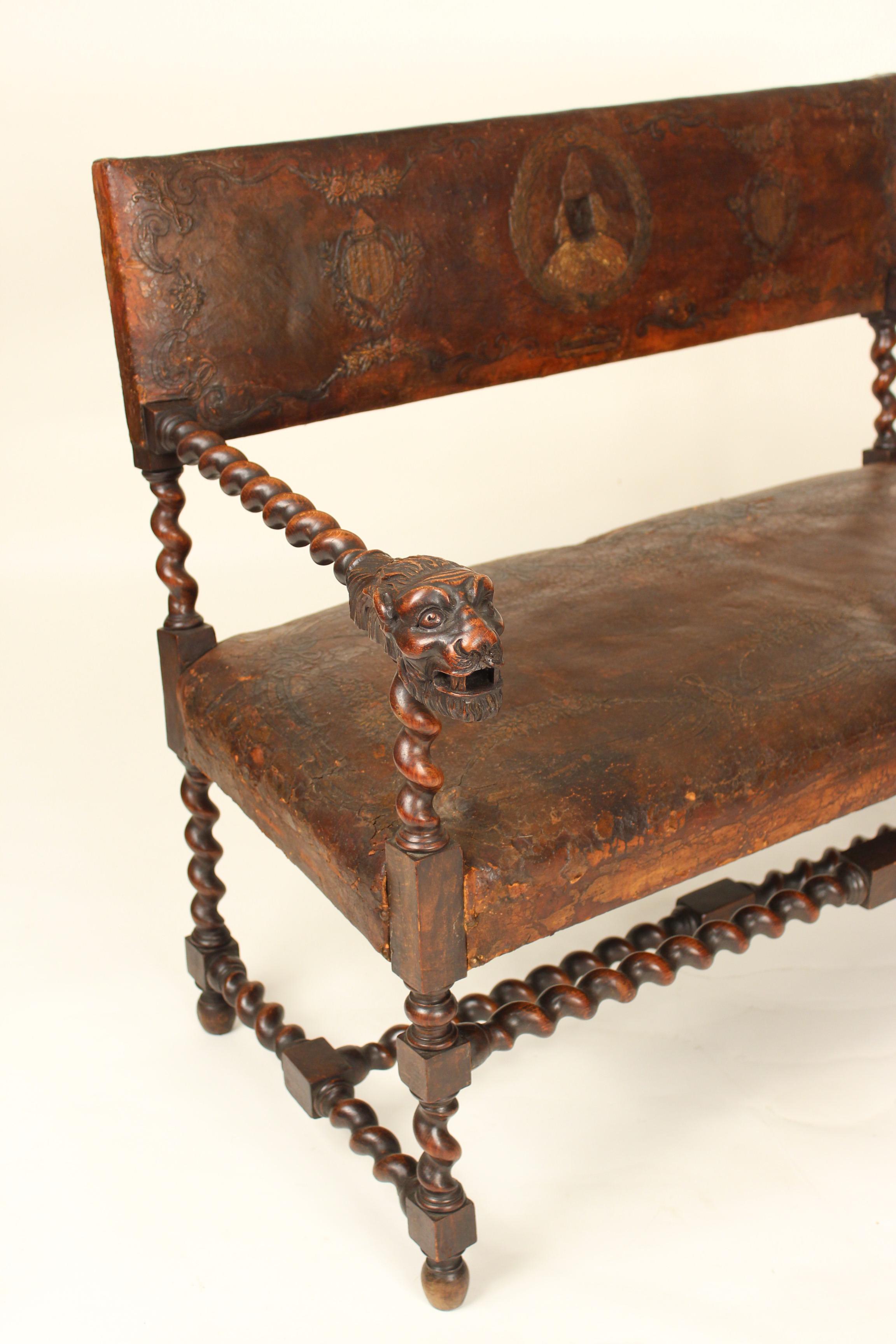 Leather Antique Louis XIII Style Settee with Lion Carved Arms