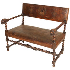 Antique Louis XIII Style Settee with Lion Carved Arms