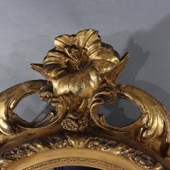 Antique Louis XIV Floral Carved Giltwood Oval Wall Mirror C1880