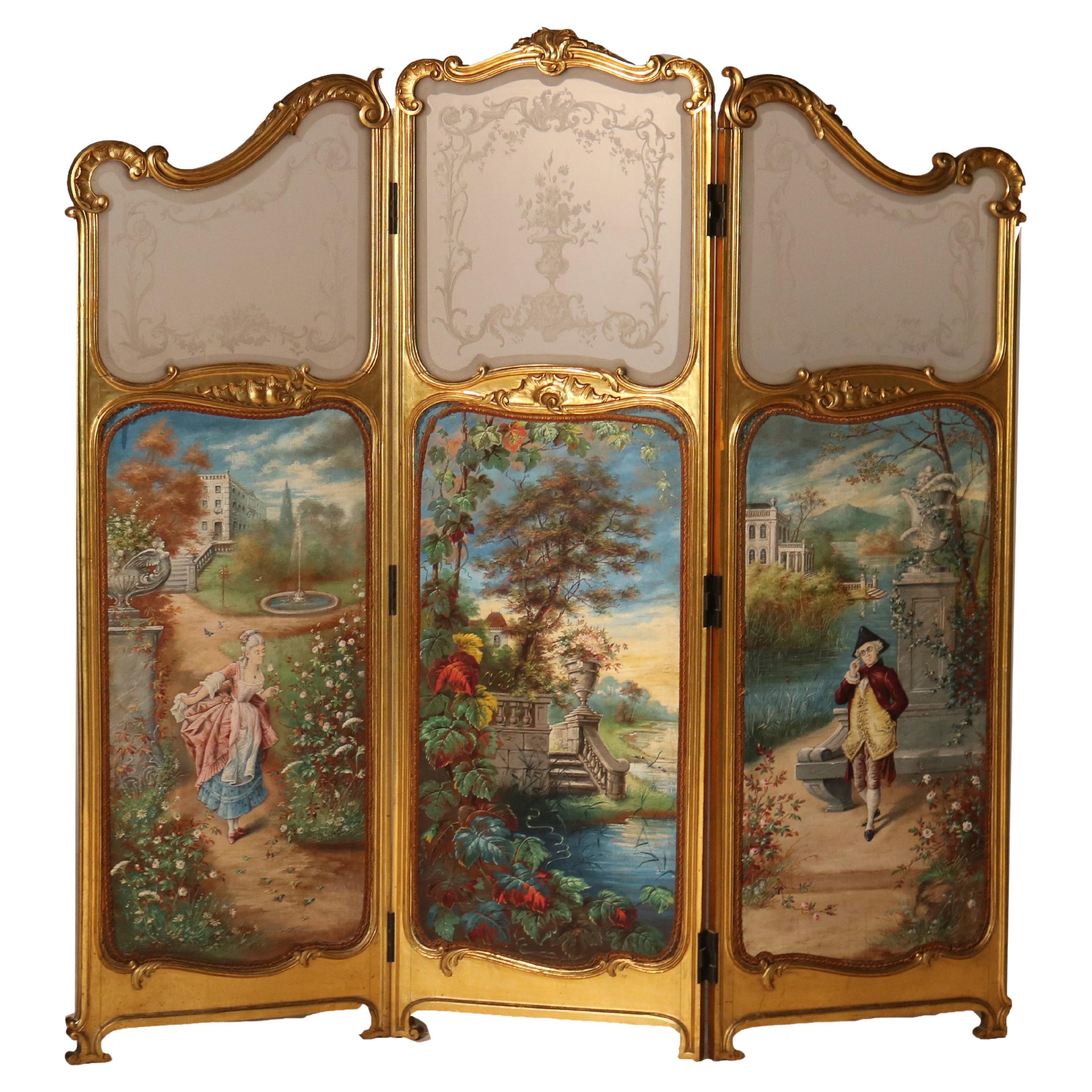 Antique Louis XIV Gilt Wood Three Panel Screen Unsigned C1890