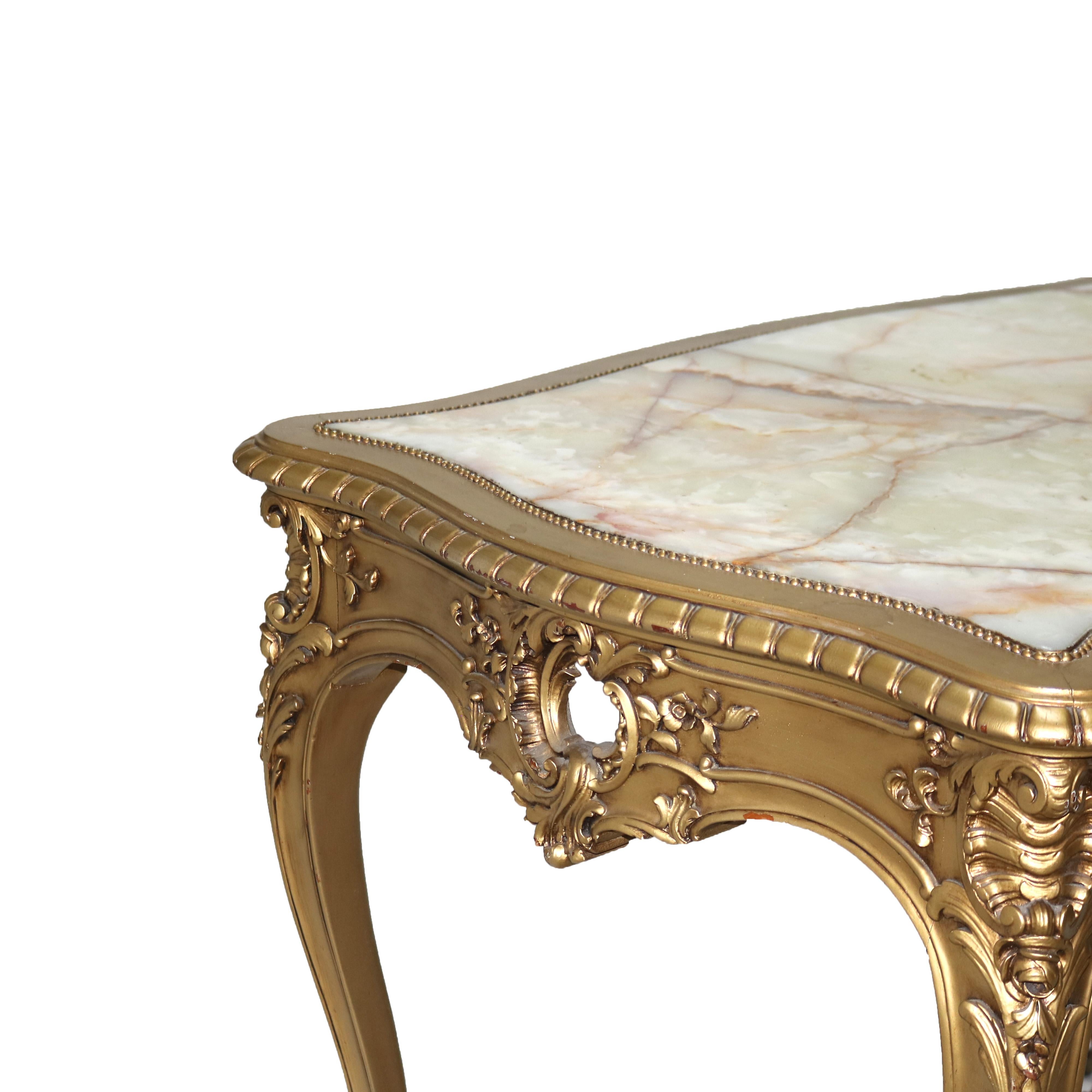 Antique Louis XIV Giltwood & Inset Onyx Parlor Table with Foliate Elements C1890 In Good Condition For Sale In Big Flats, NY