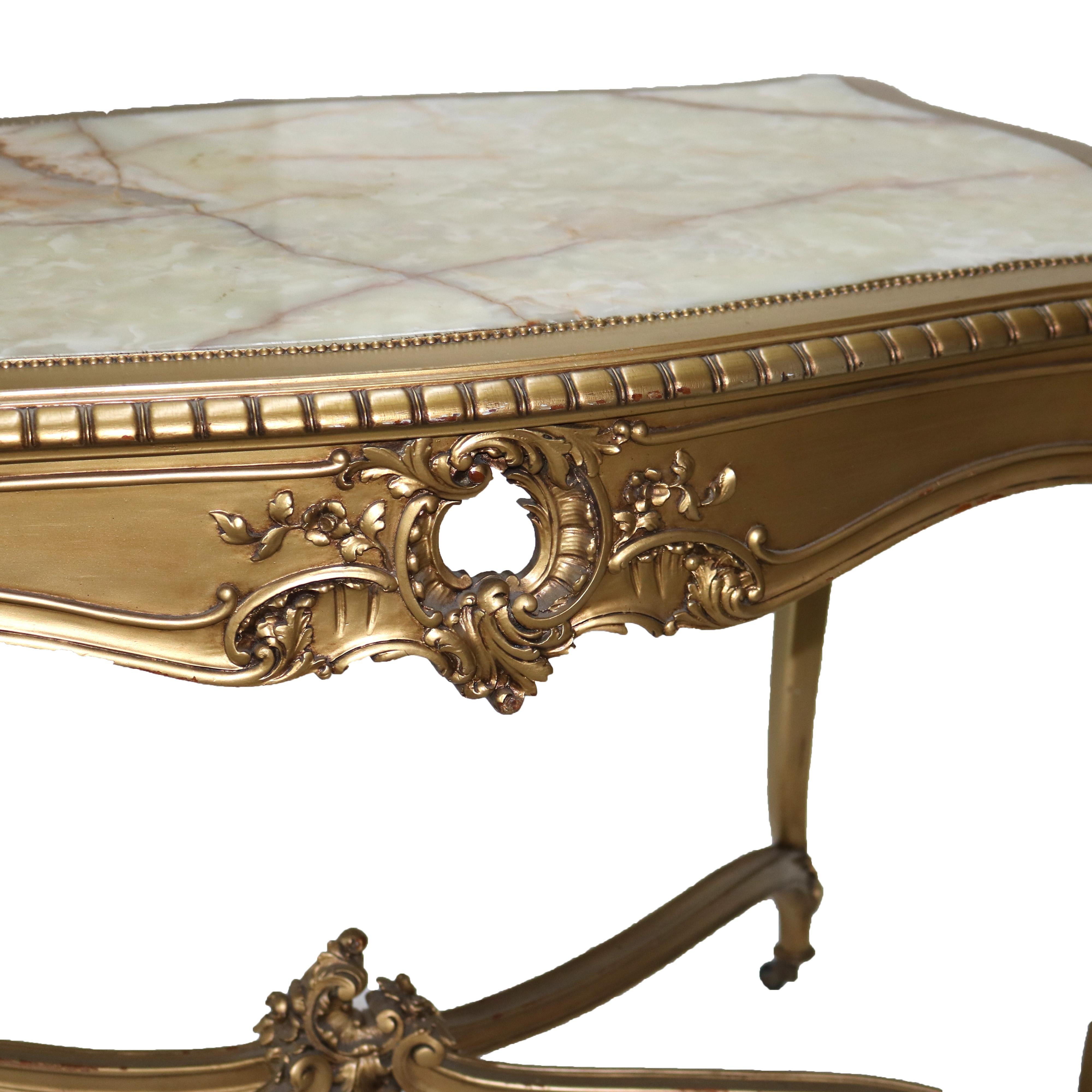 19th Century Antique Louis XIV Giltwood & Inset Onyx Parlor Table with Foliate Elements C1890 For Sale