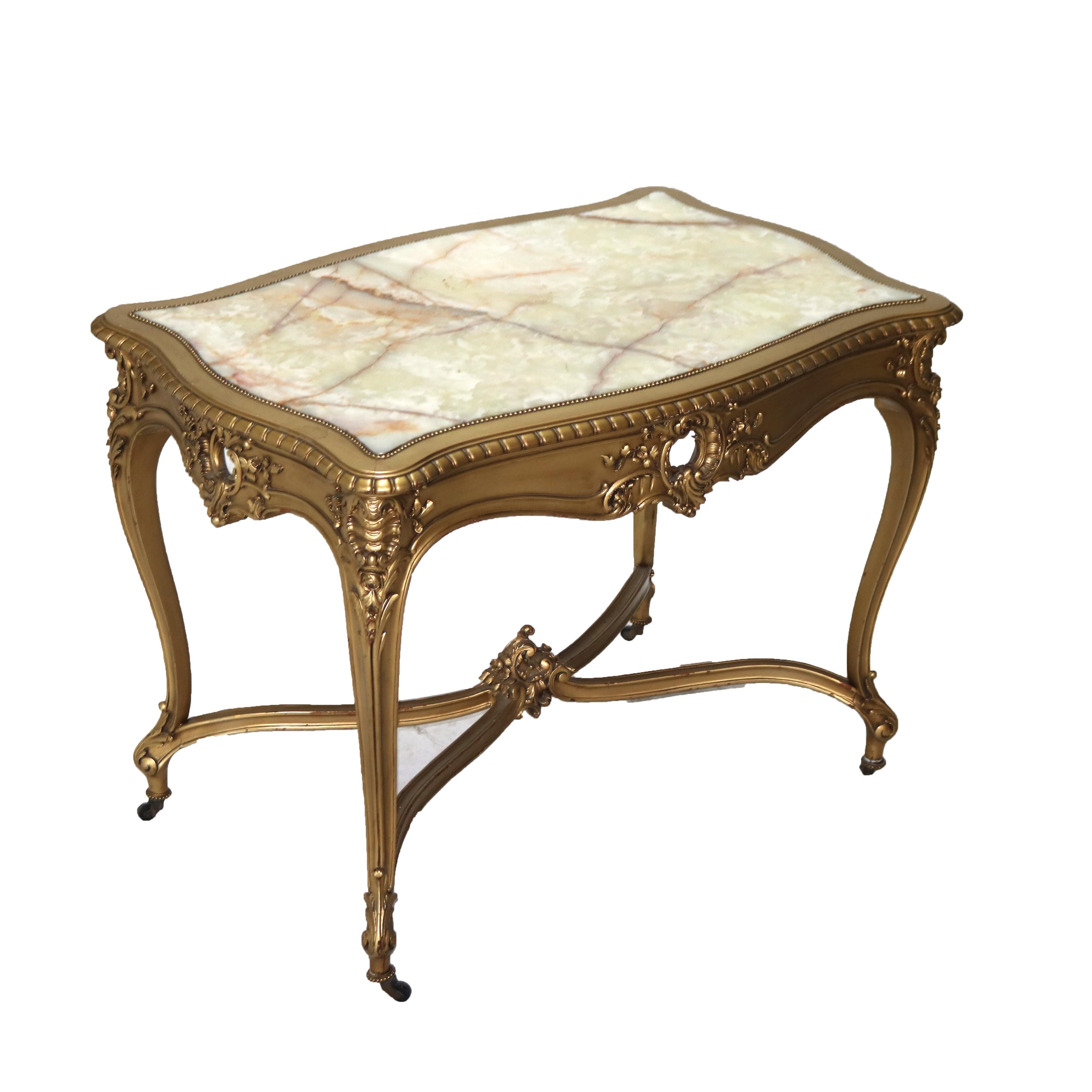 Antique Louis XIV Giltwood & Inset Onyx Parlor Table with Foliate Elements C1890 For Sale 3