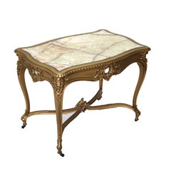 Antique Louis XIV Giltwood & Inset Onyx Parlor Table with Foliate Elements C1890