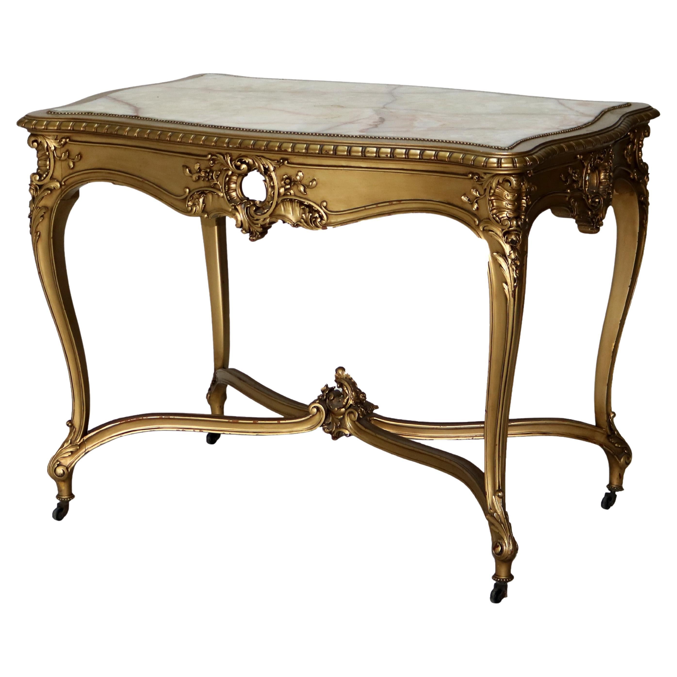 Antique Louis XIV Giltwood & Inset Onyx Parlor Table with Foliate Elements C1890