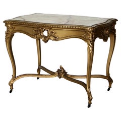 Antique Louis XIV Giltwood & Inset Onyx Parlor Table with Foliate Elements C1890