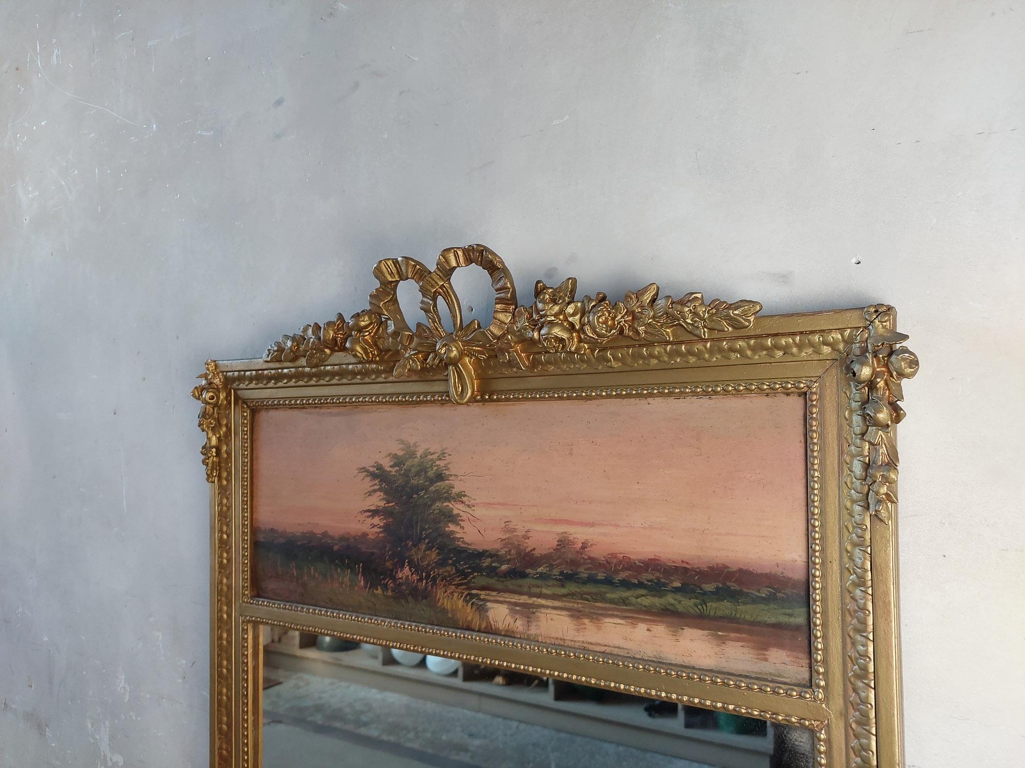 Patinated Antique Louis XIV Gold Trumeau Mirror with Oil Painting