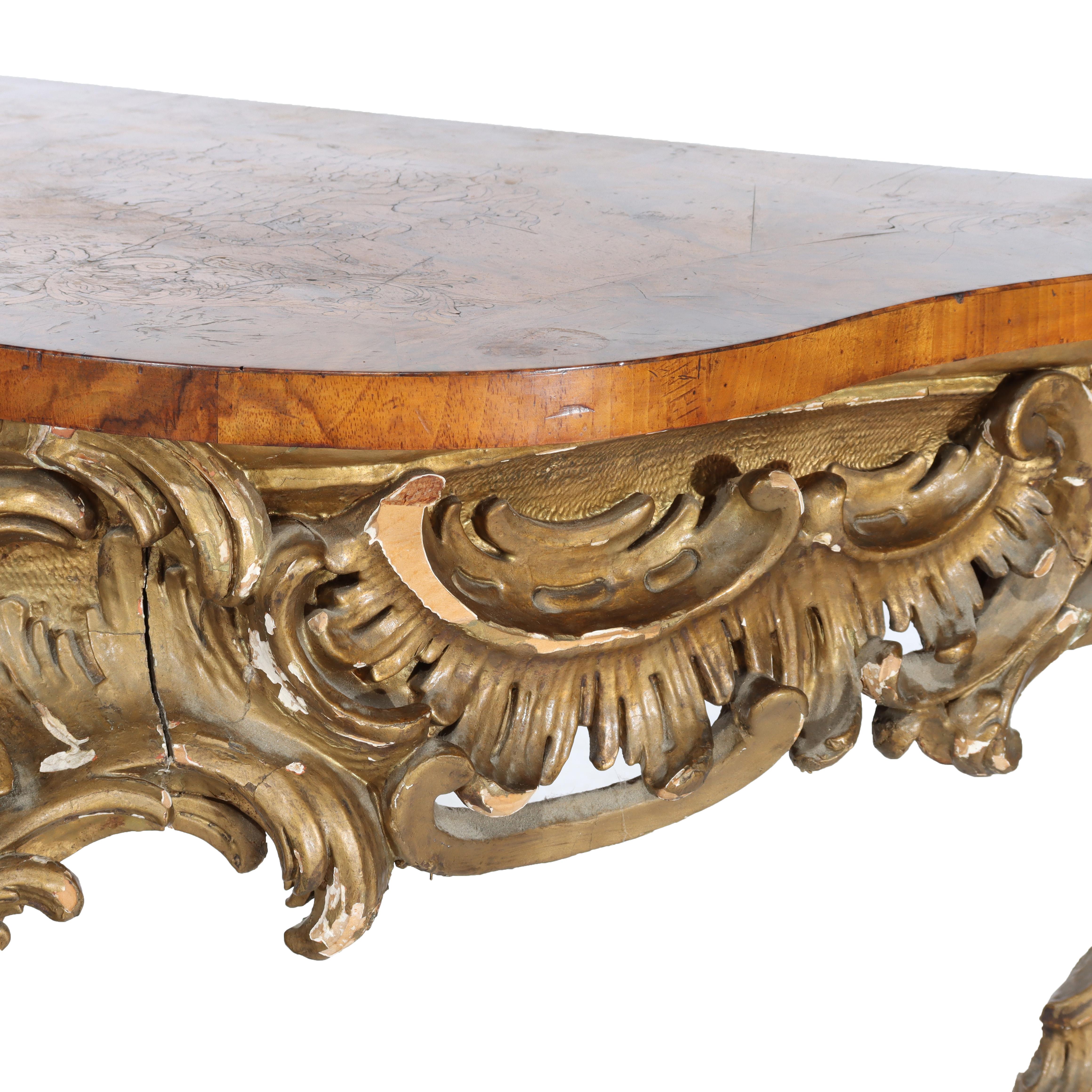 Antike Louis XIV Intarsien Flamme Mahagoni oder Burl & vergoldetes Holz Konsolentisch 18thC (Louis XIV.) im Angebot