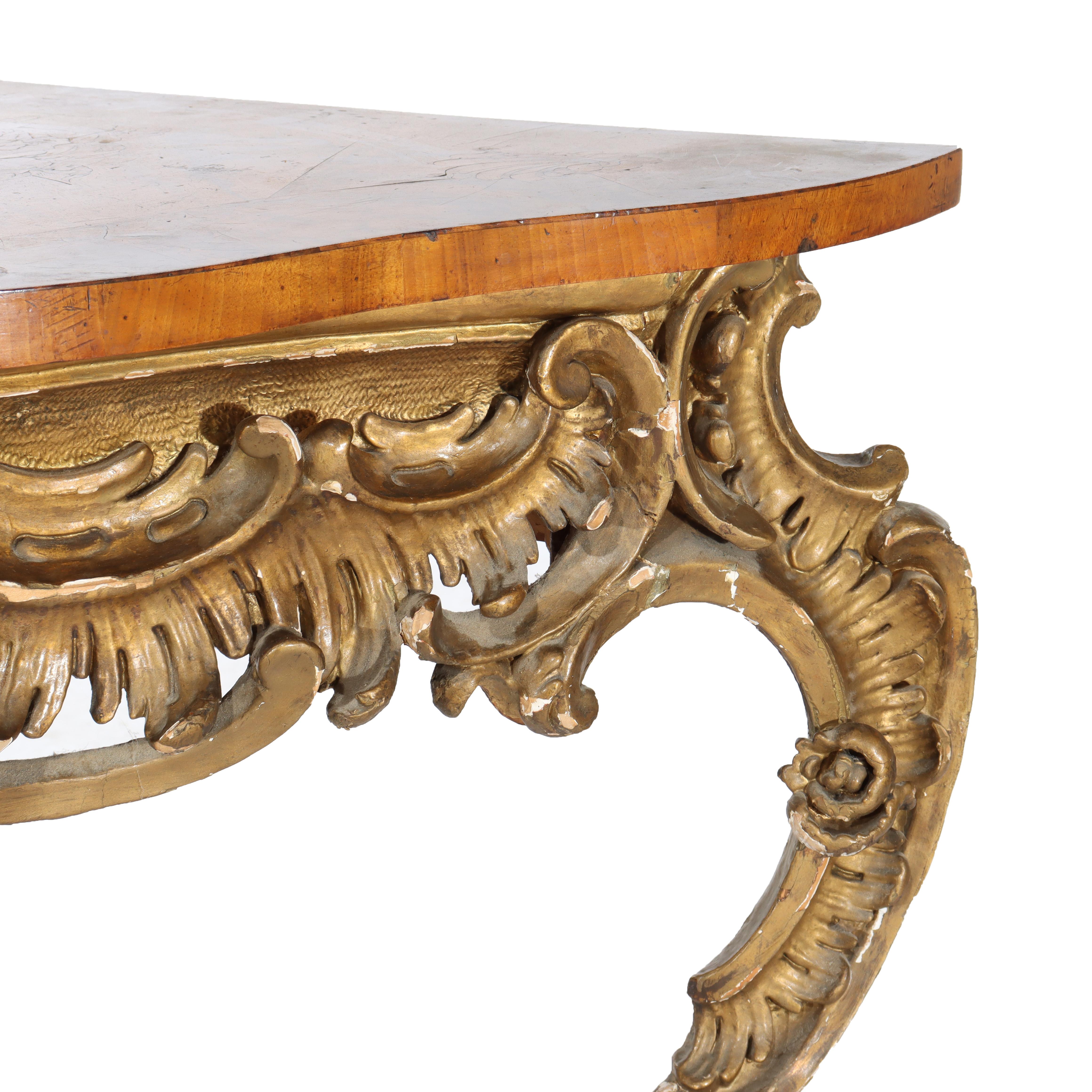 Antike Louis XIV Intarsien Flamme Mahagoni oder Burl & vergoldetes Holz Konsolentisch 18thC im Zustand „Gut“ im Angebot in Big Flats, NY