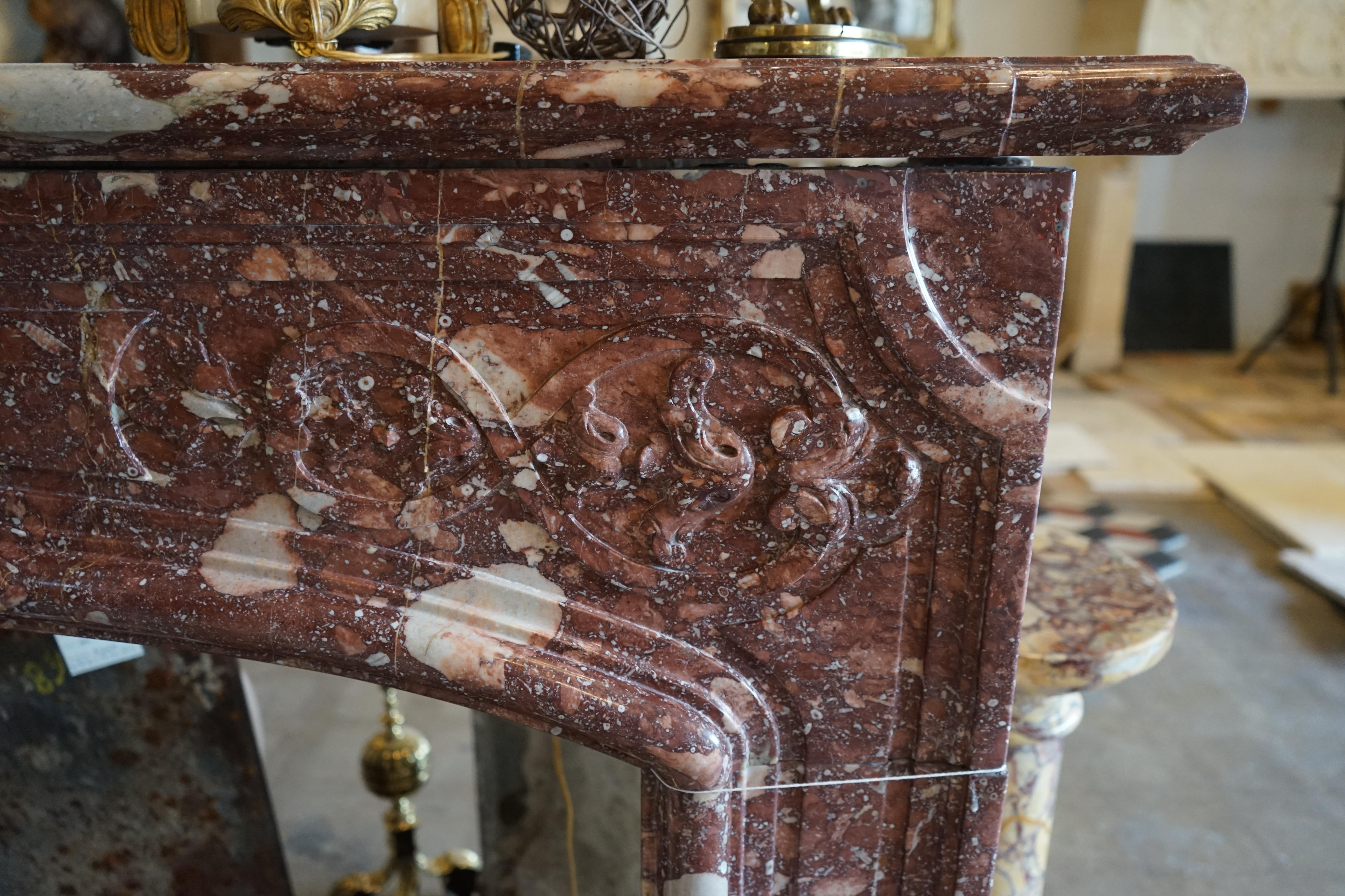Hand-Carved Antique Louis XIV Marble Fireplace For Sale
