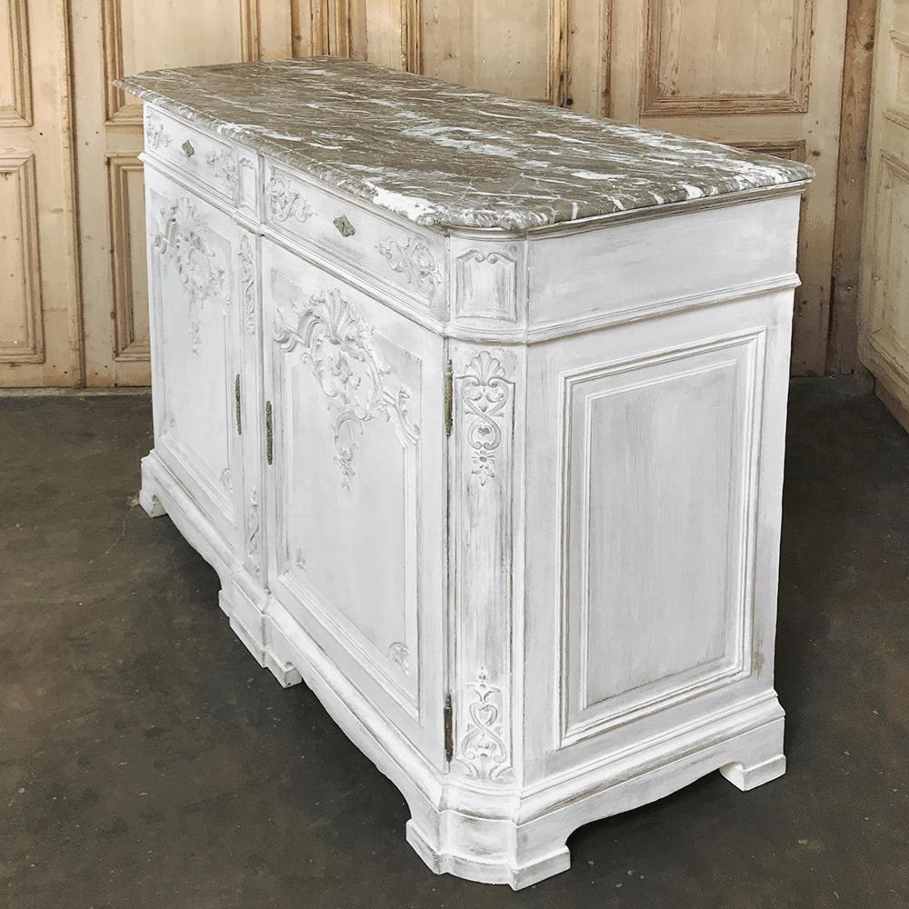 Hand-Painted Antique Louis XIV Painted Marble Top Buffet