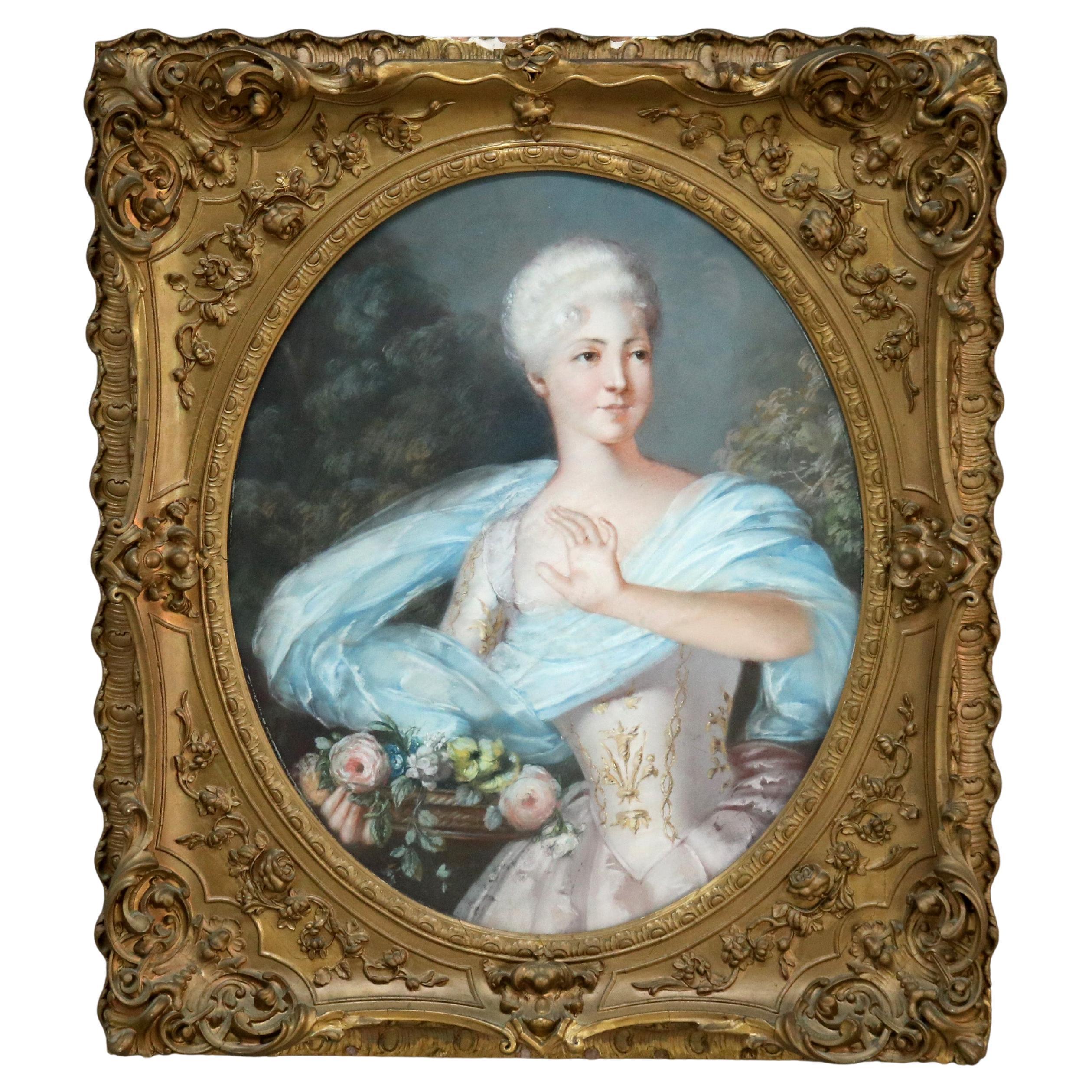 Antiguo retrato al pastel de mujer noble Luis XIV C1870