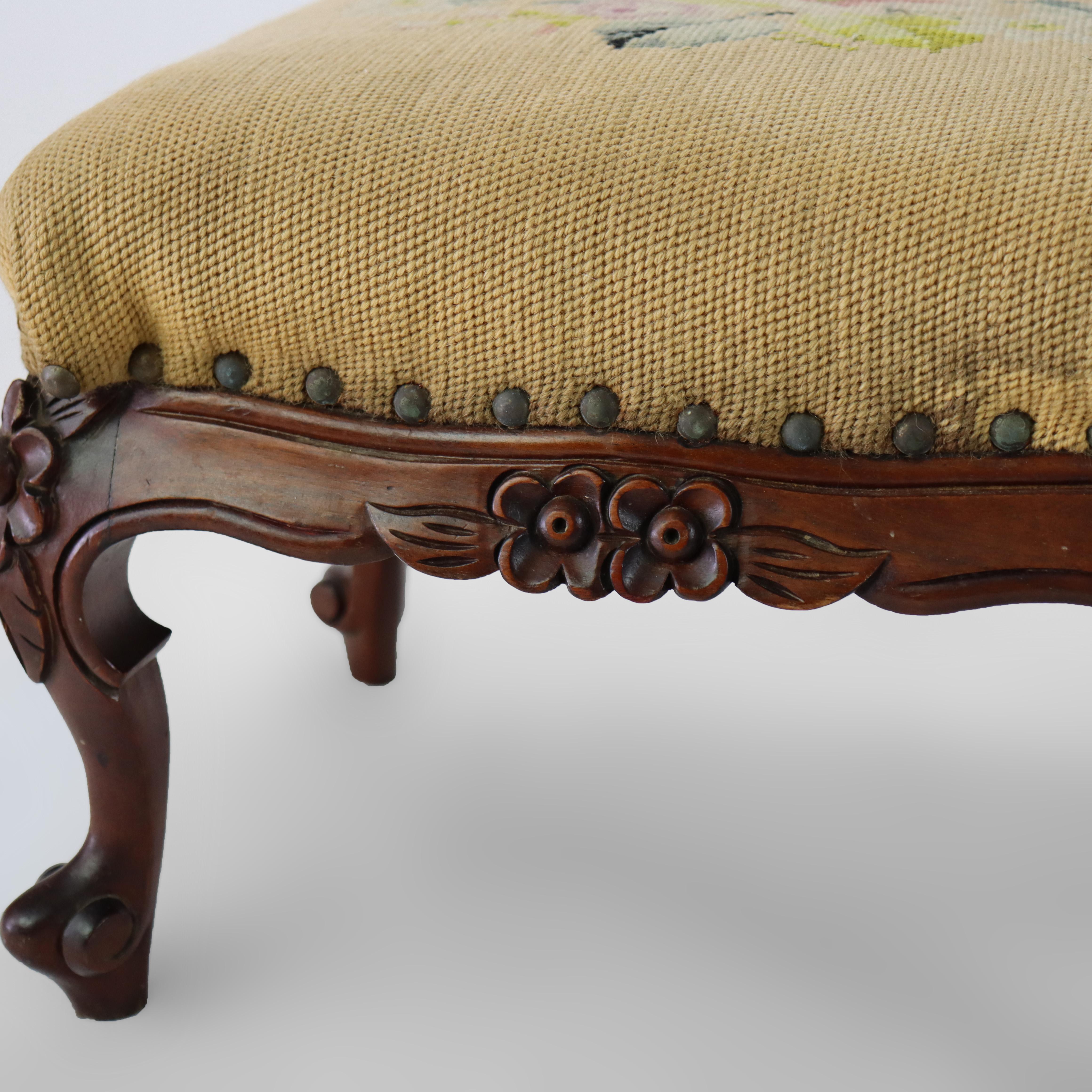 19th Century Antique Louis XIV Style Carved Walnut & Tapestry Footstool C1890 For Sale
