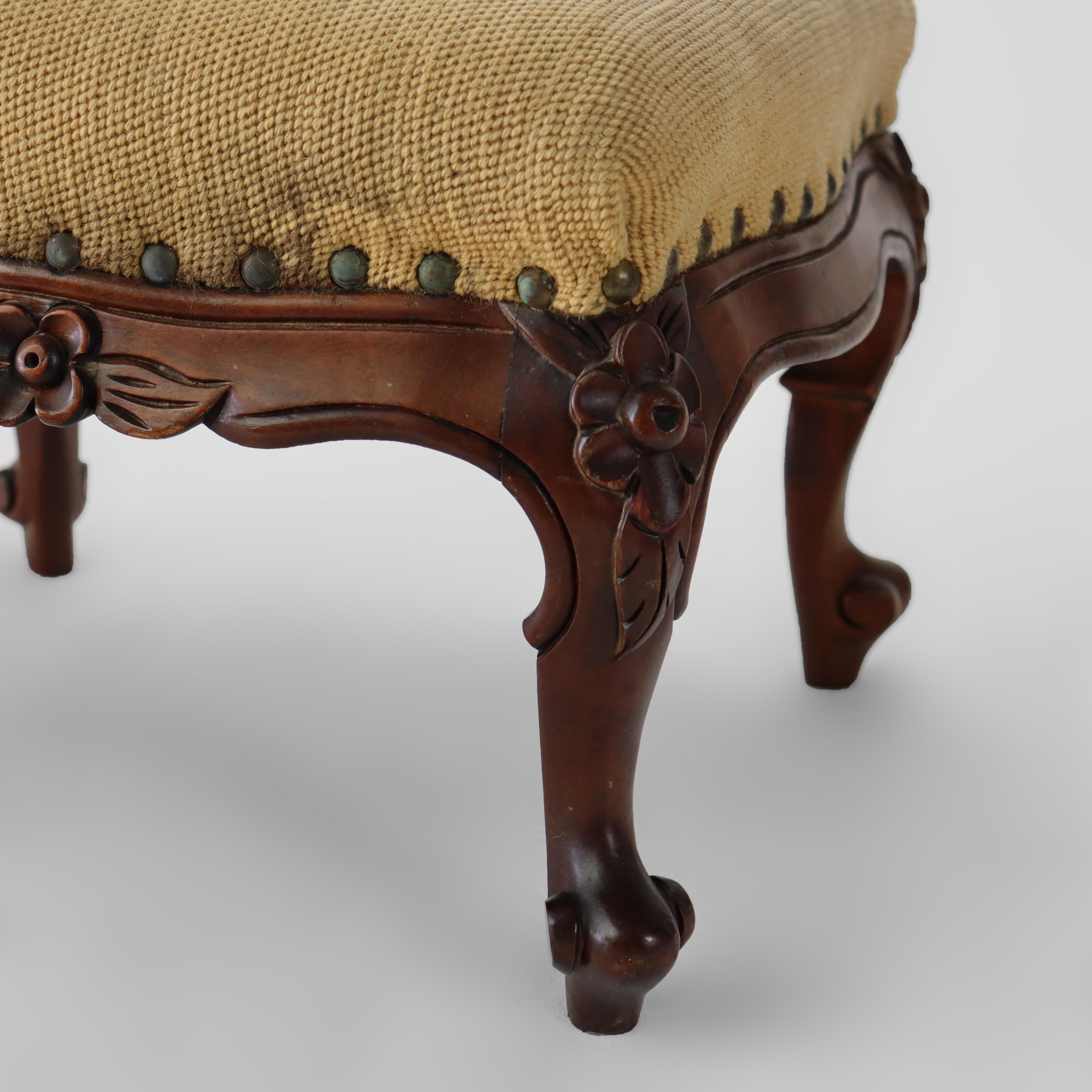 Wood Antique Louis XIV Style Carved Walnut & Tapestry Footstool C1890 For Sale
