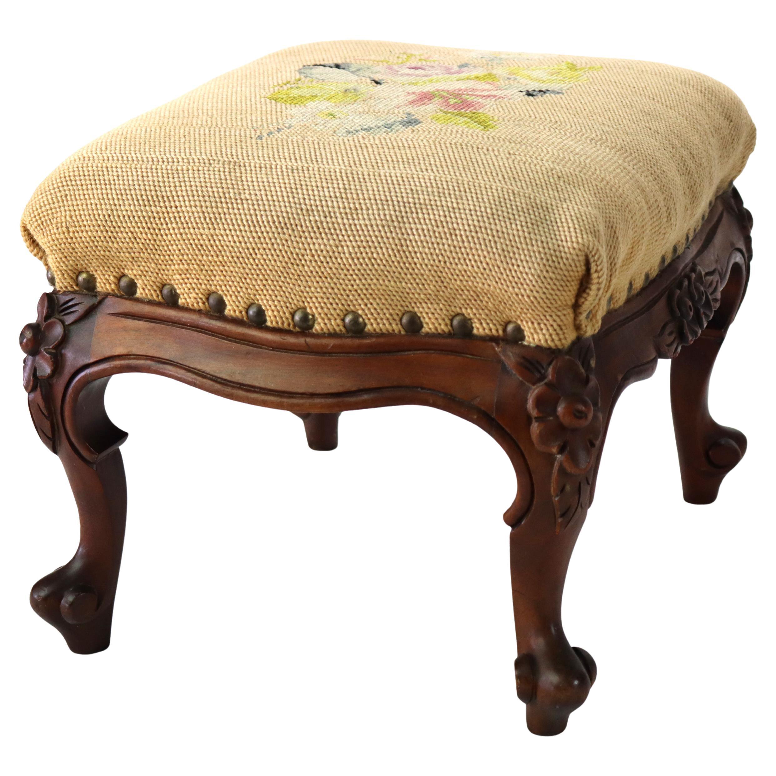 Antique Louis XIV Style Carved Walnut & Tapestry Footstool C1890 For Sale