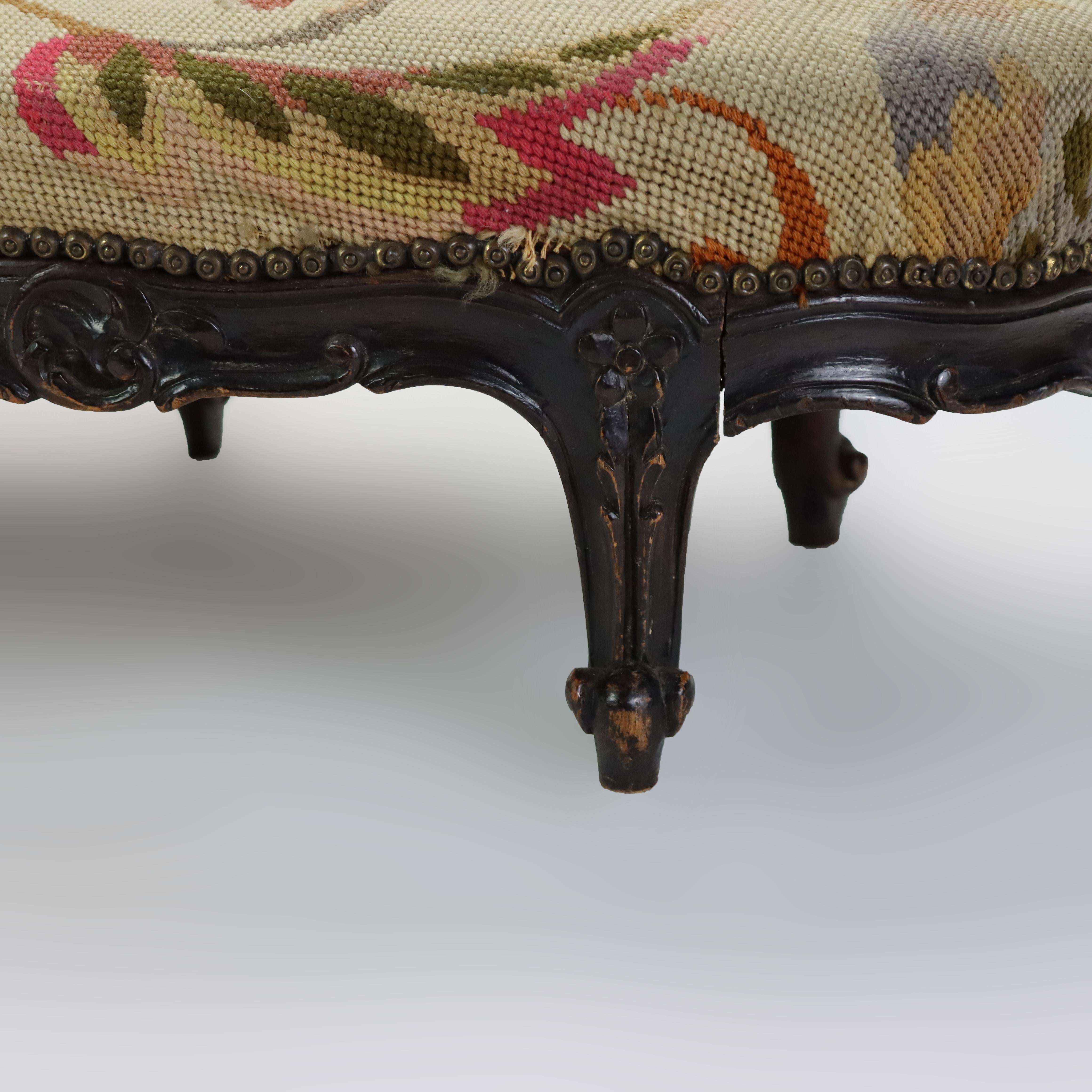 Antique Louis XIV Style Carved Walnut Tapestry Long Footstool C1890 For Sale 6