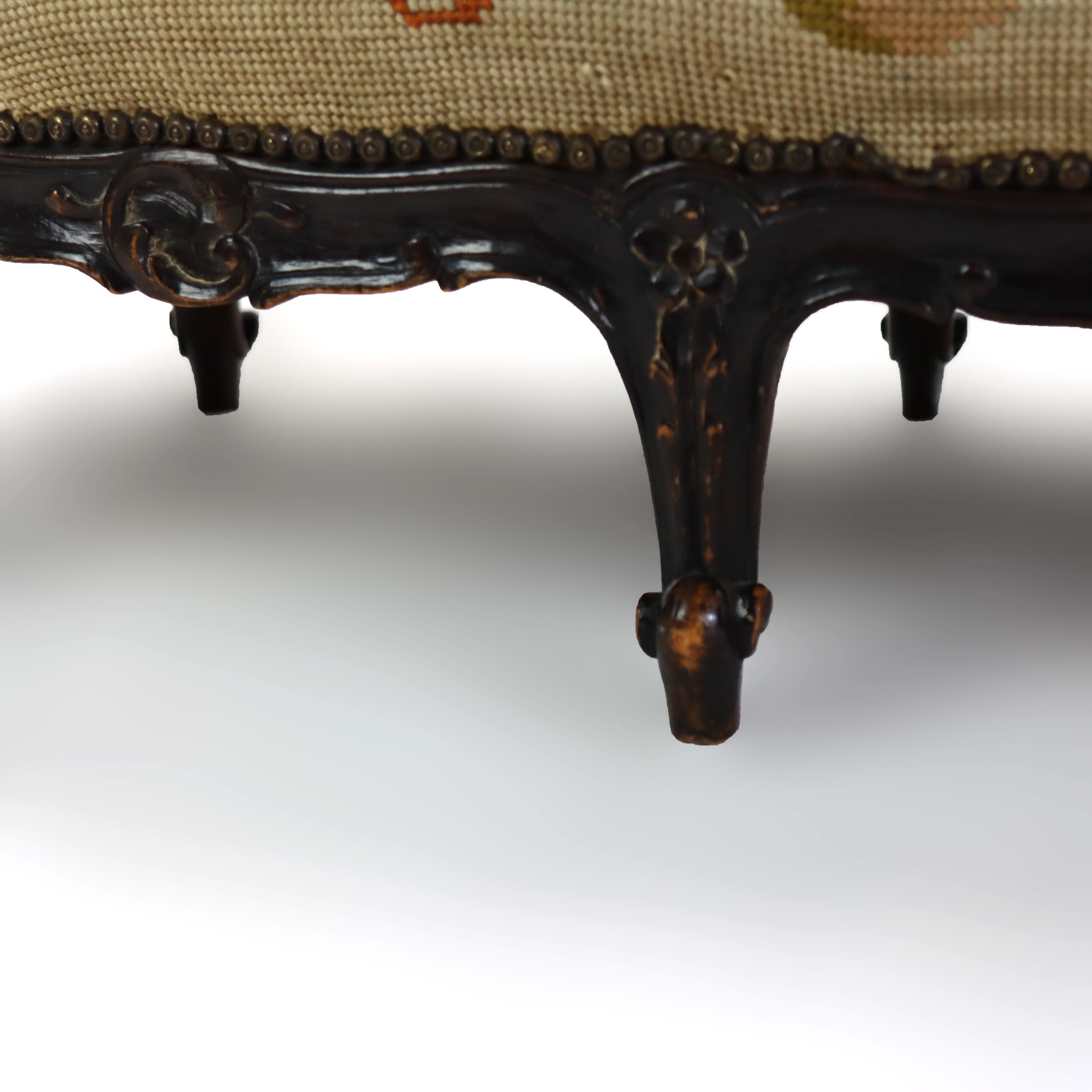 Antique Louis XIV Style Carved Walnut Tapestry Long Footstool C1890 For Sale 7