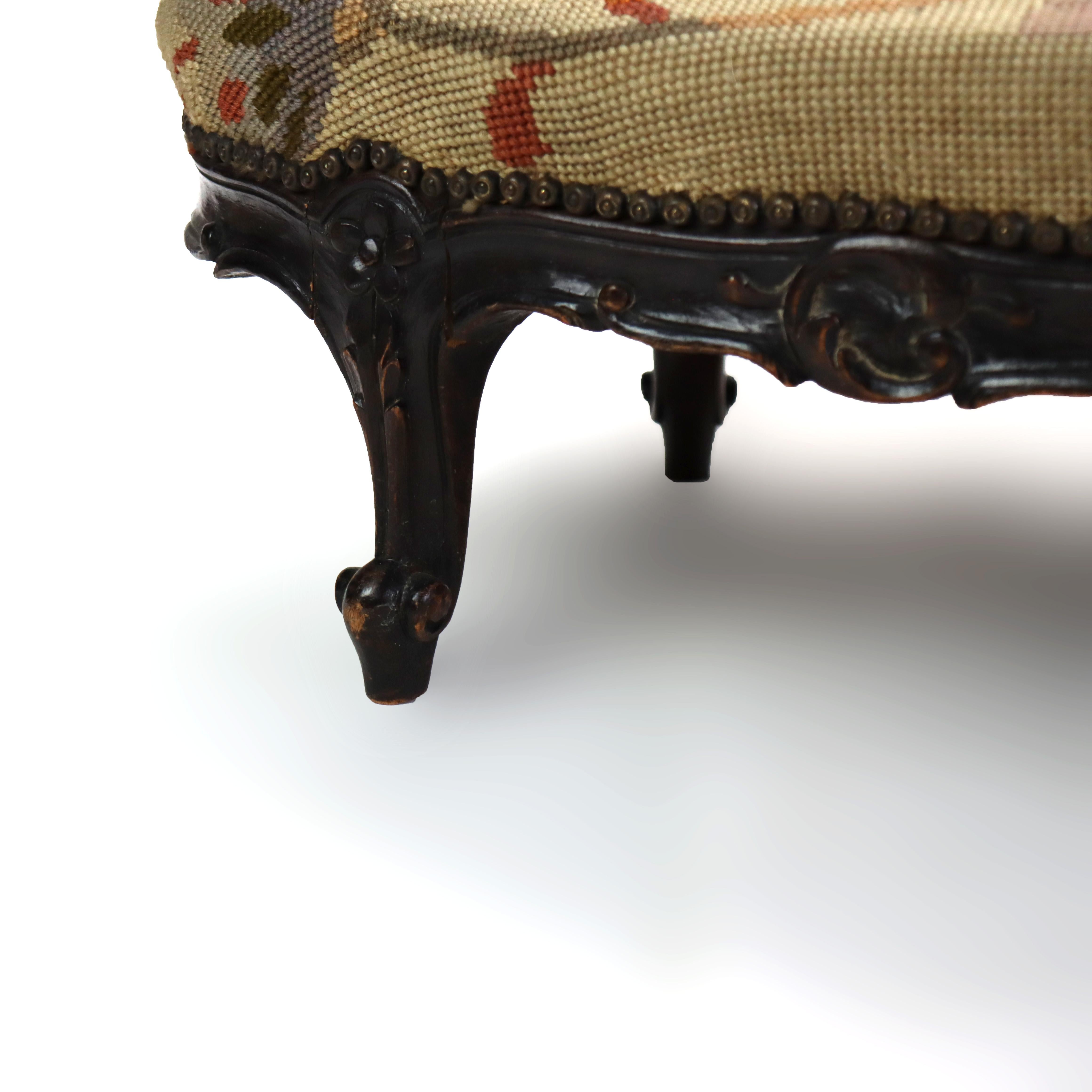 Antique Louis XIV Style Carved Walnut Tapestry Long Footstool C1890 For Sale 8