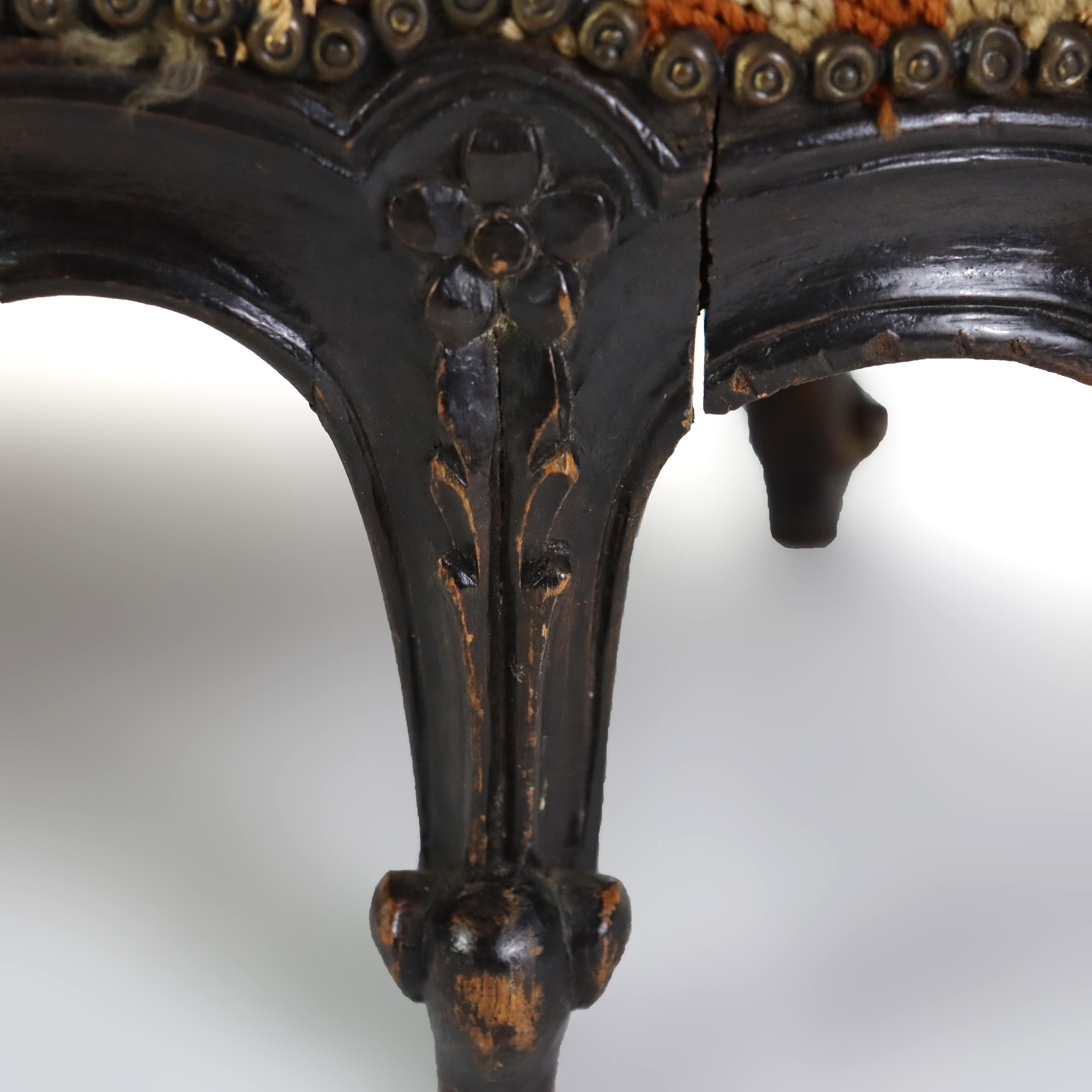Antique Louis XIV Style Carved Walnut Tapestry Long Footstool C1890 For Sale 9