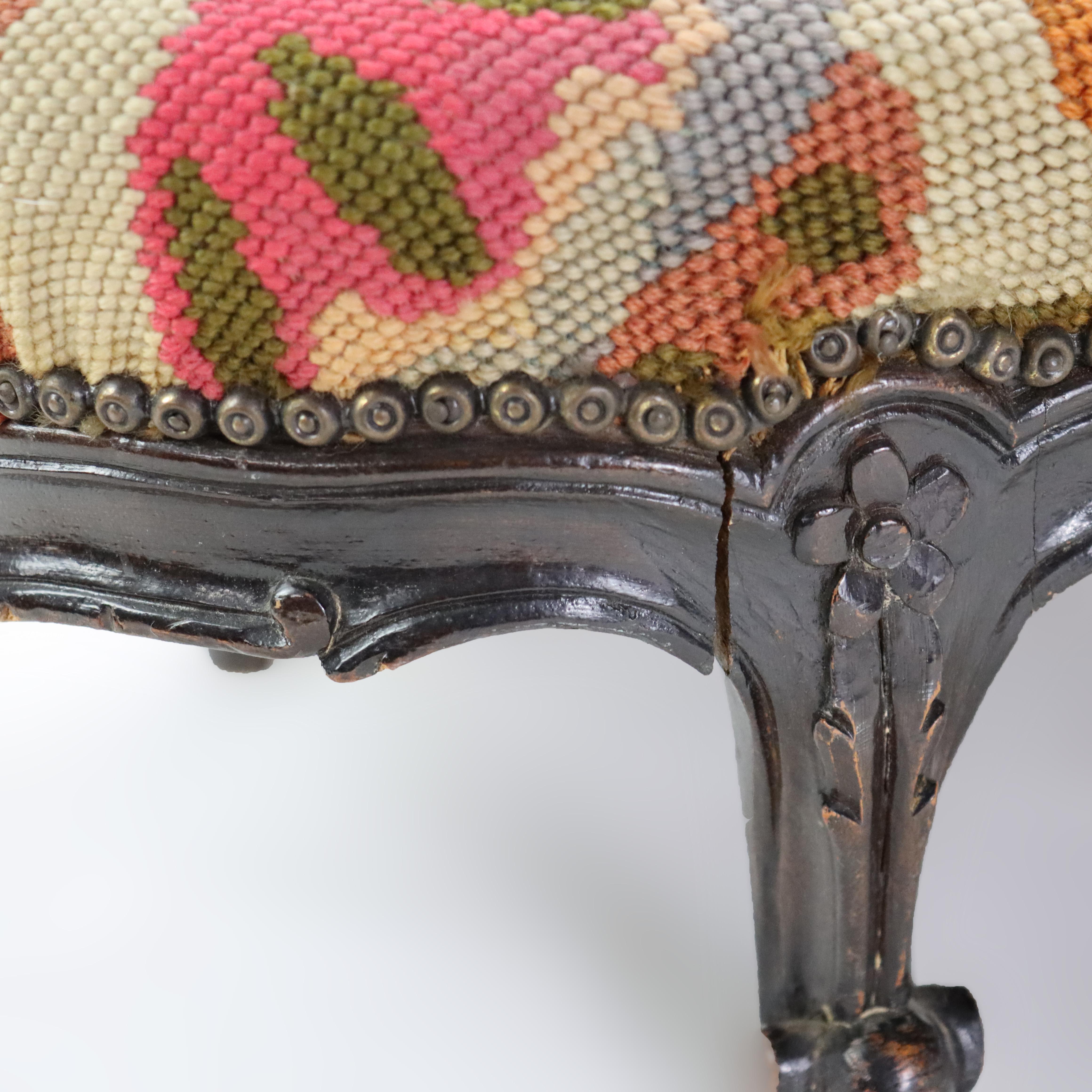 Antique Louis XIV Style Carved Walnut Tapestry Long Footstool C1890 For Sale 10