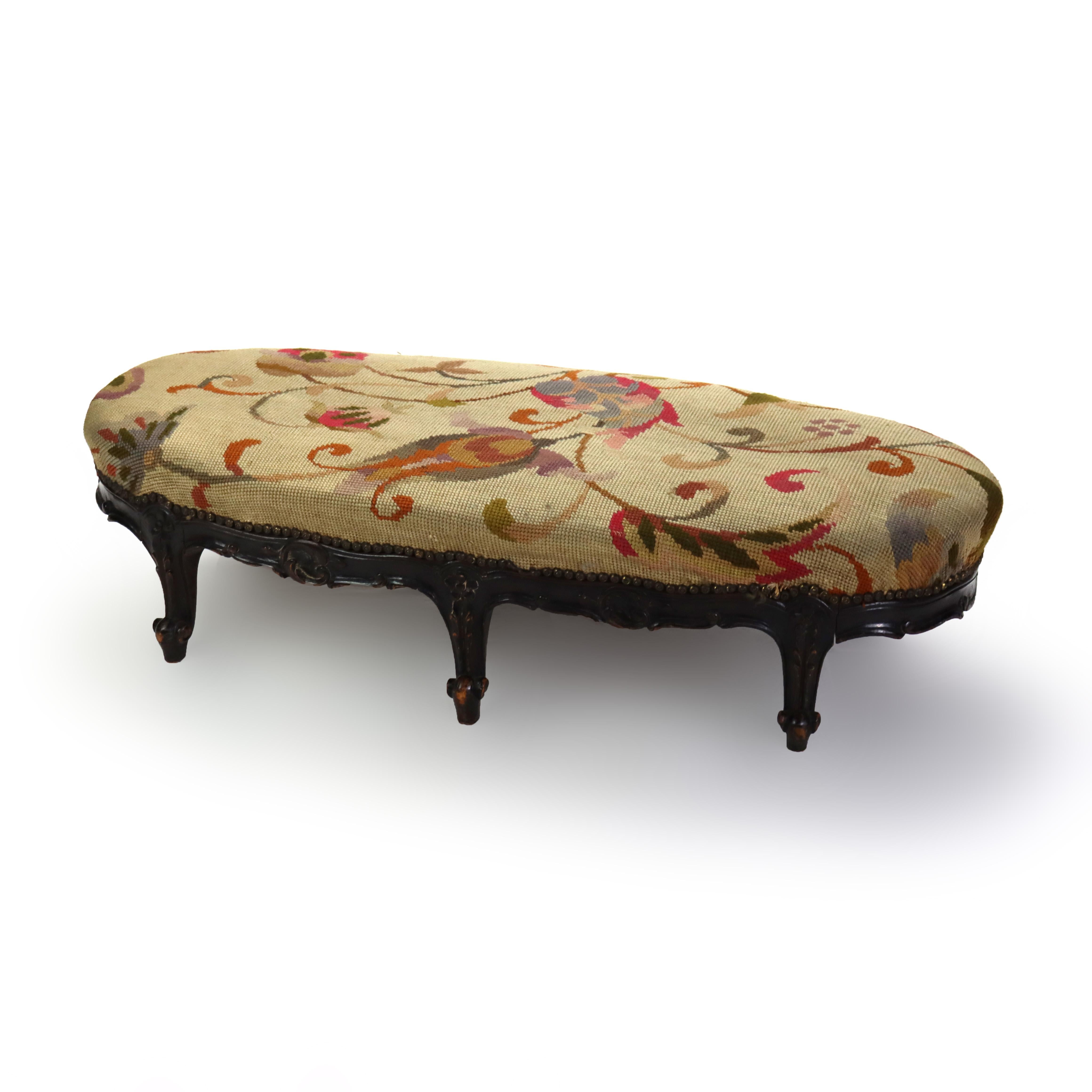 Antique Louis XIV Style Carved Walnut Tapestry Long Footstool C1890 In Good Condition For Sale In Big Flats, NY