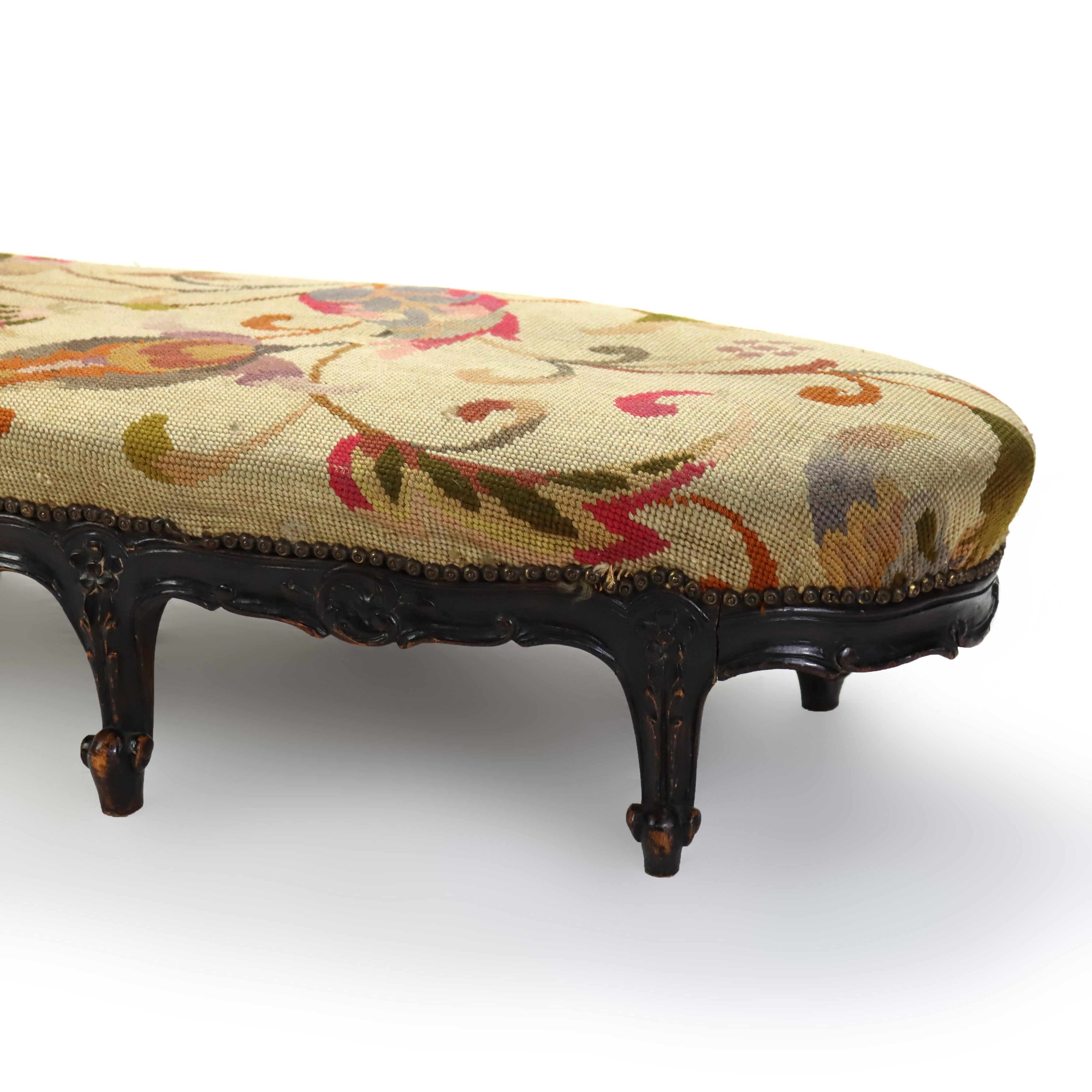 19th Century Antique Louis XIV Style Carved Walnut Tapestry Long Footstool C1890 For Sale