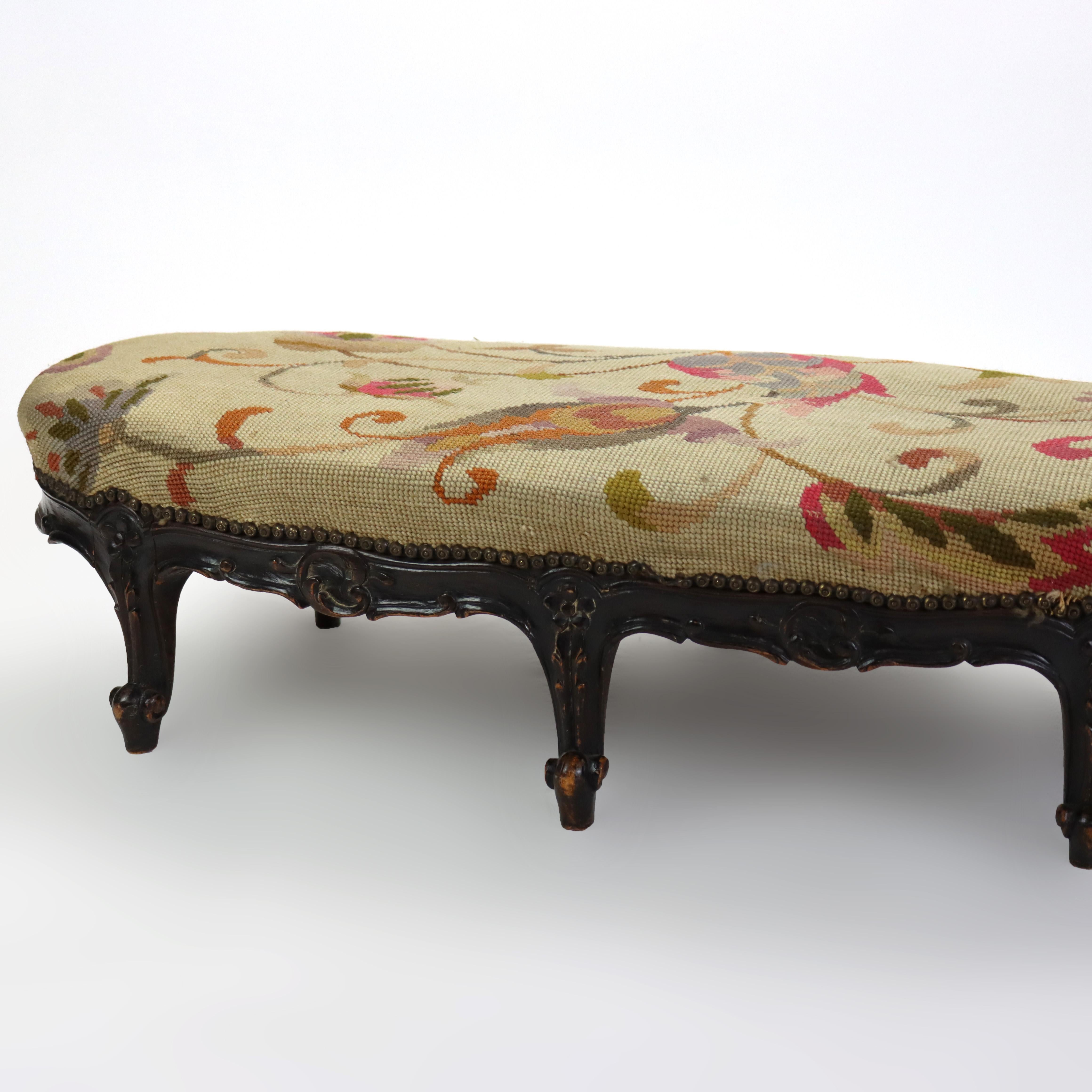 Antique Louis XIV Style Carved Walnut Tapestry Long Footstool C1890 For Sale 1