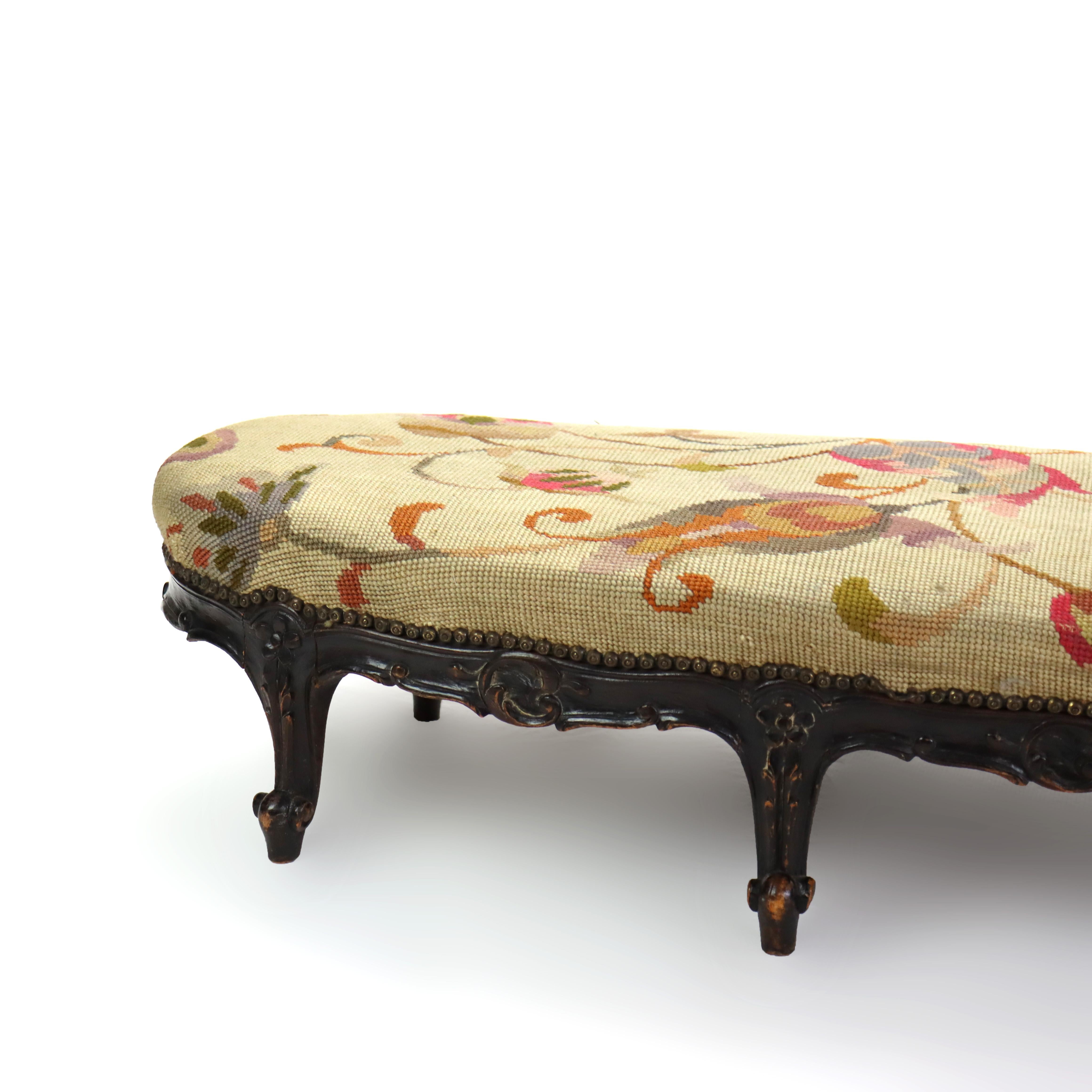 Antique Louis XIV Style Carved Walnut Tapestry Long Footstool C1890 For Sale 2